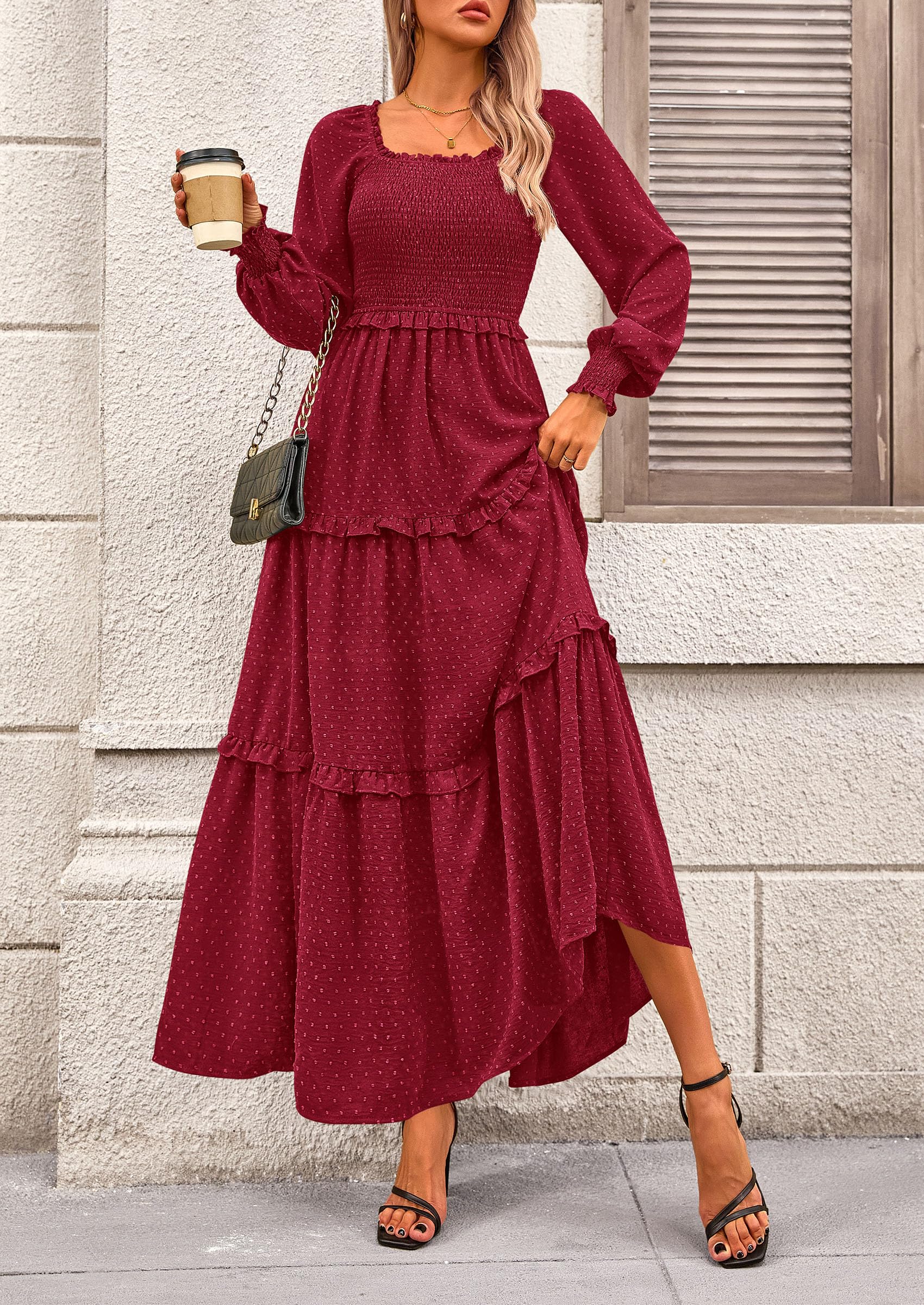 Women's Smocked Long Sleeve Maxi Dress Wedding Guest Dresses