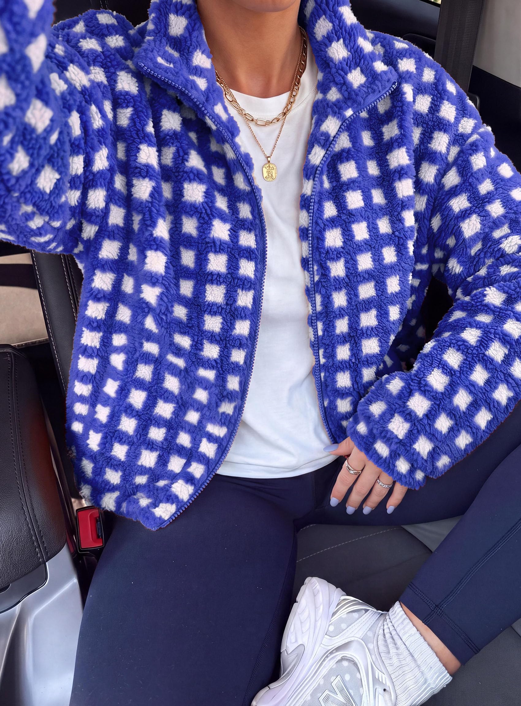 Women's Gingham Sherpa Fleece Jacket Plaid Cropped Teddy Coat