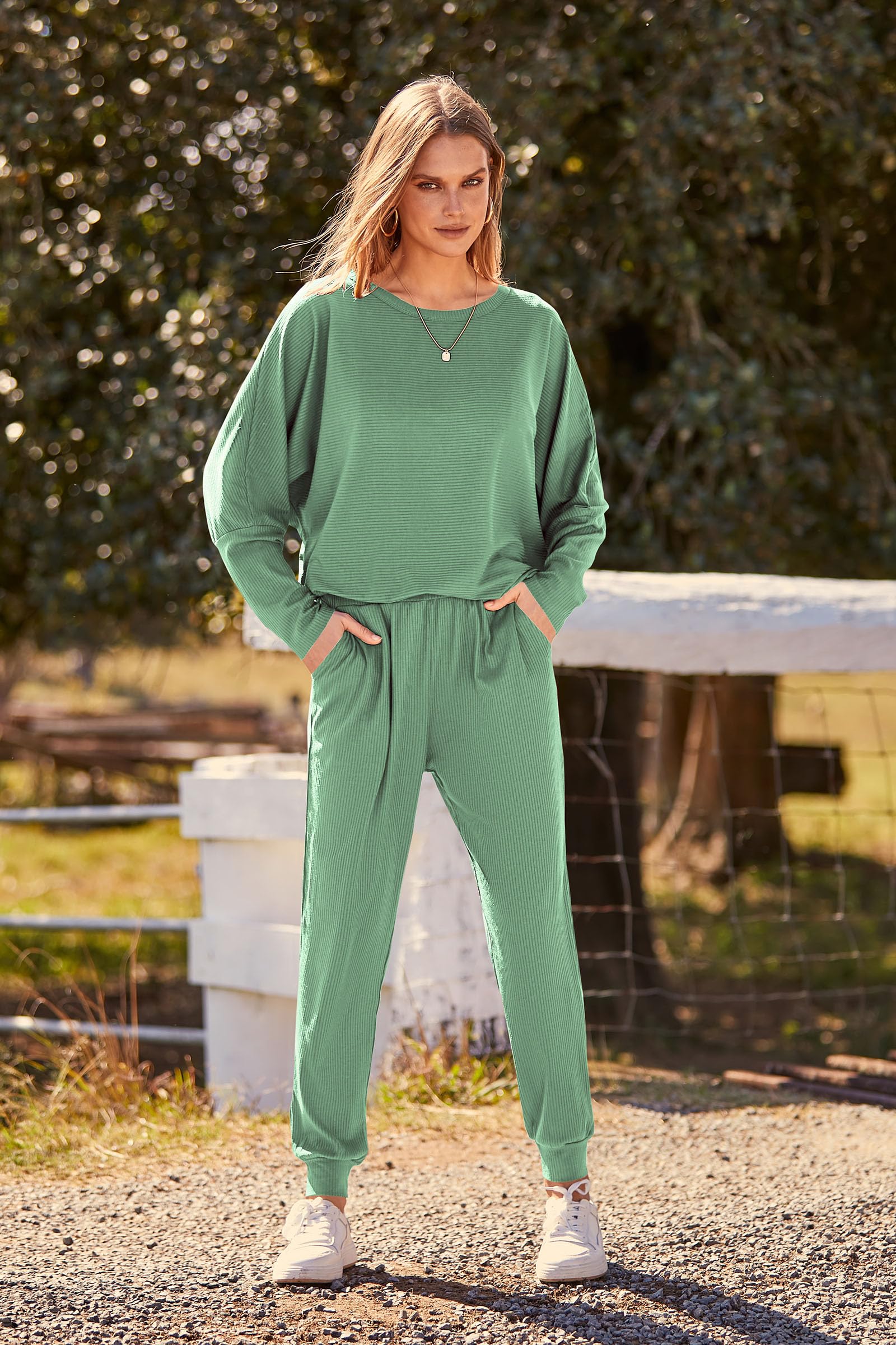 Women's 2 Piece Fall Outfits Matching Ribbed Knit Lounge Sets