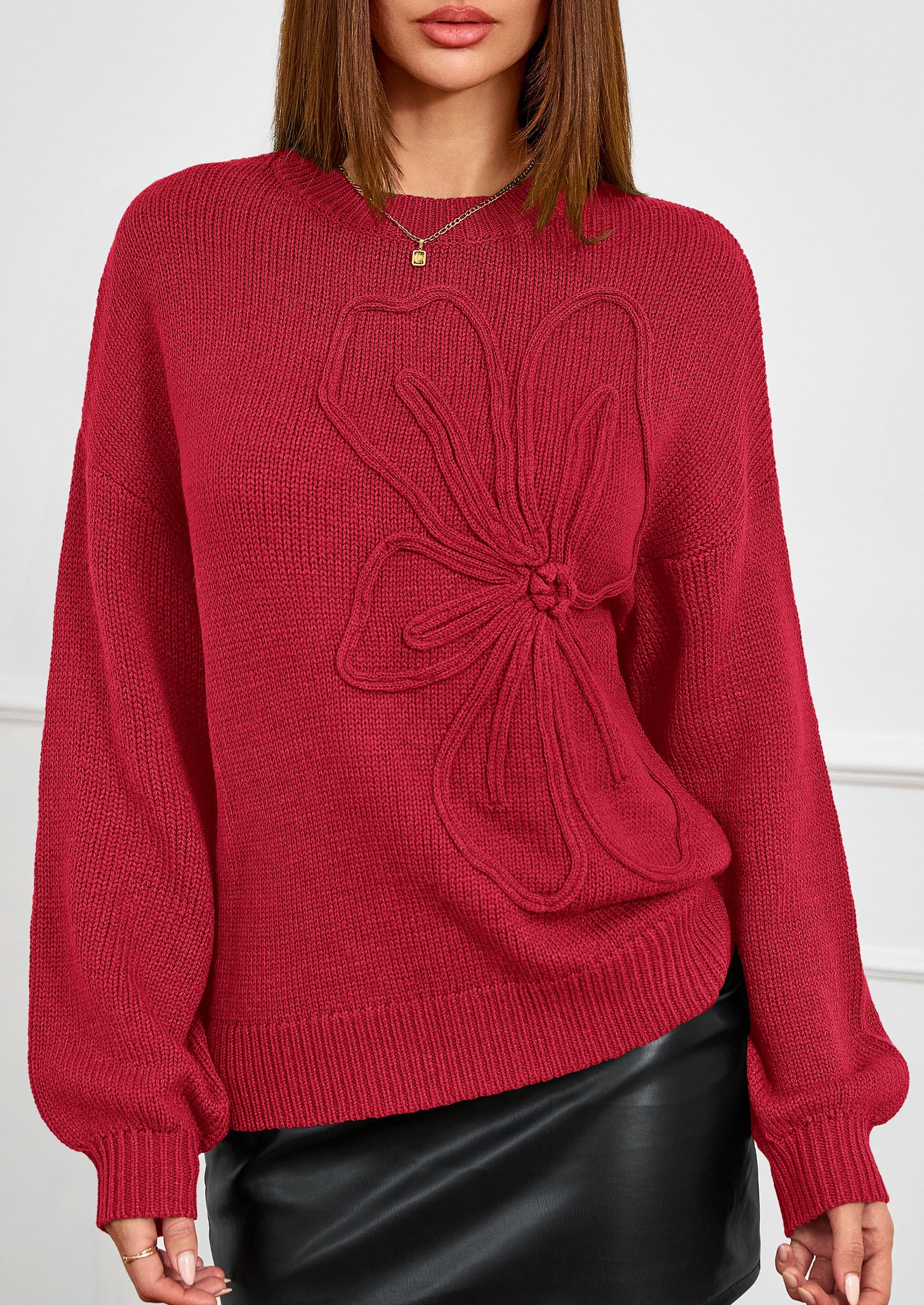 Women's Oversized 3D Floral Knit Sweater,Red,S