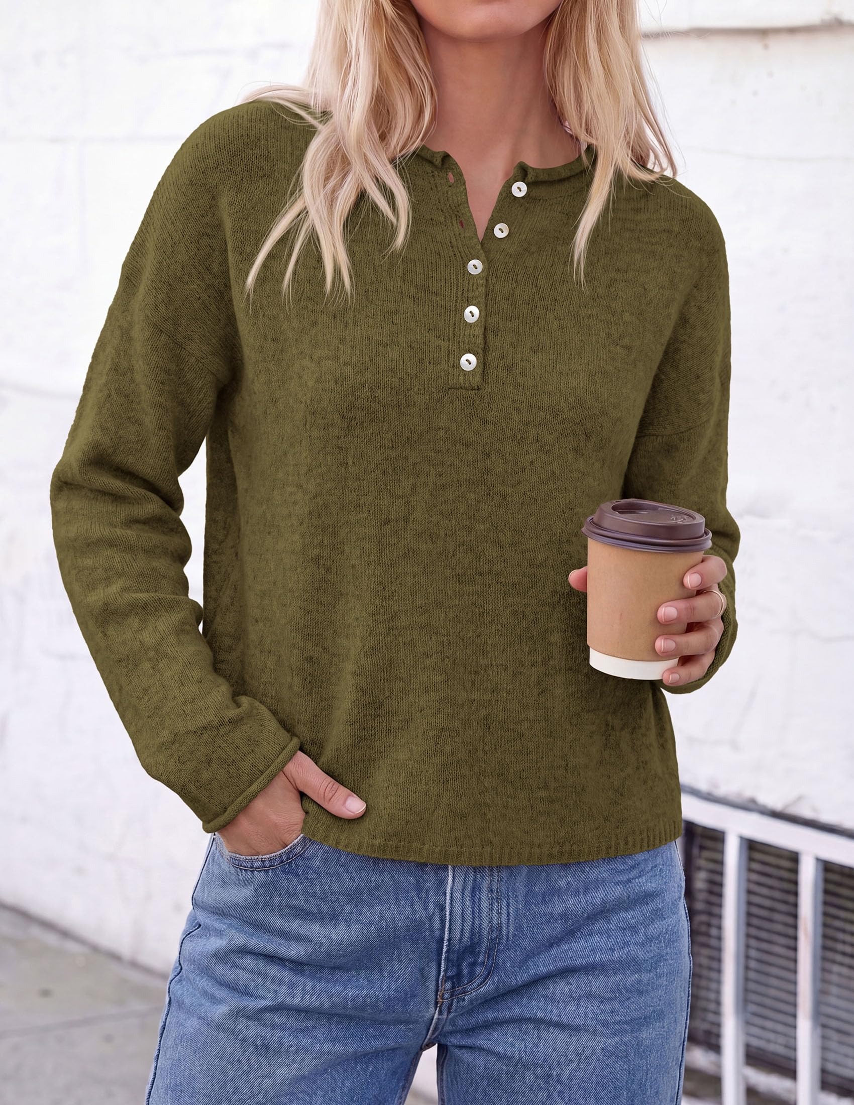 Women's Henley Cozy Sweaters Button Up Pullover Army Green S
