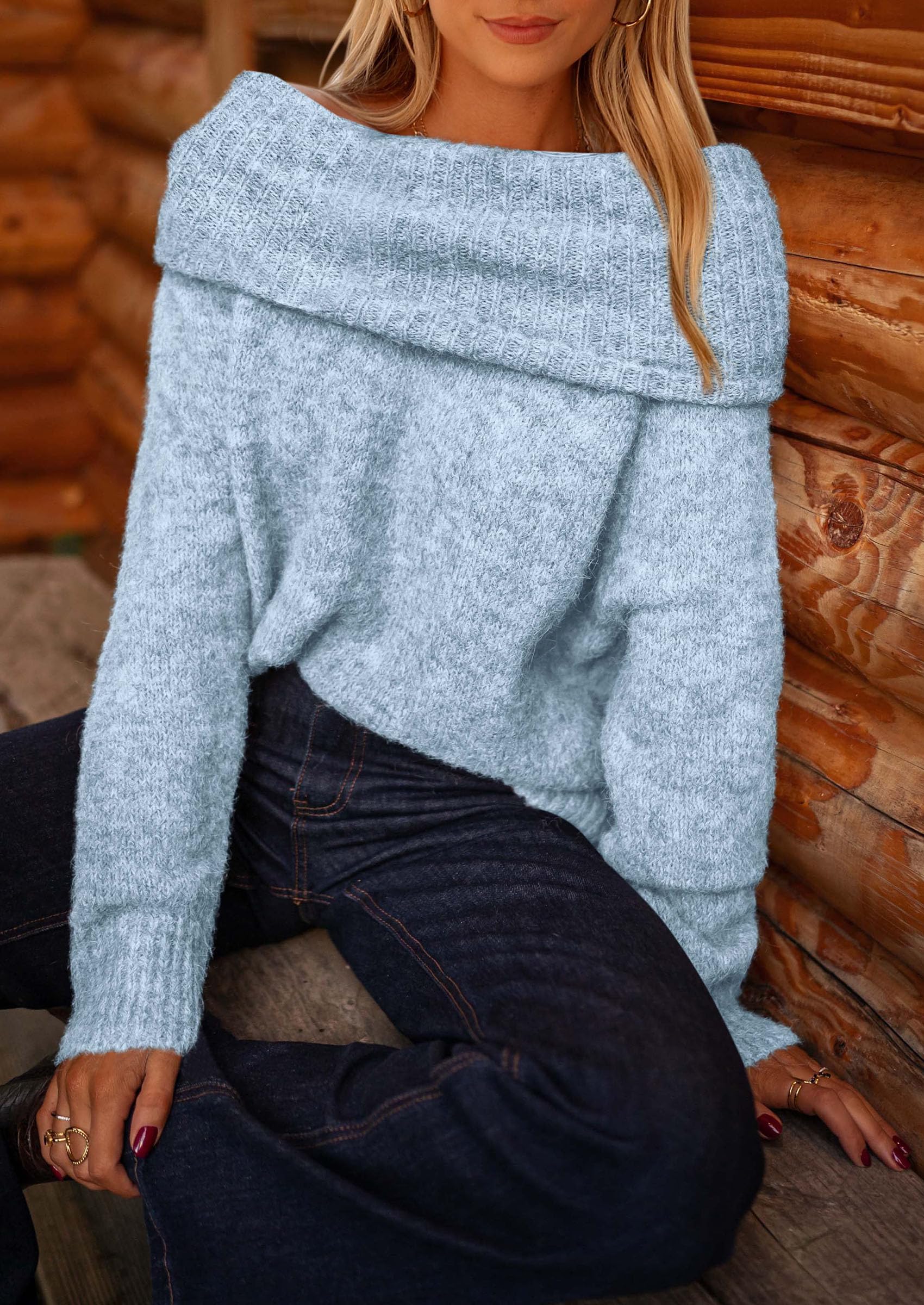 Women's Fall Off The Shoulder Sweater,Light Blue,S