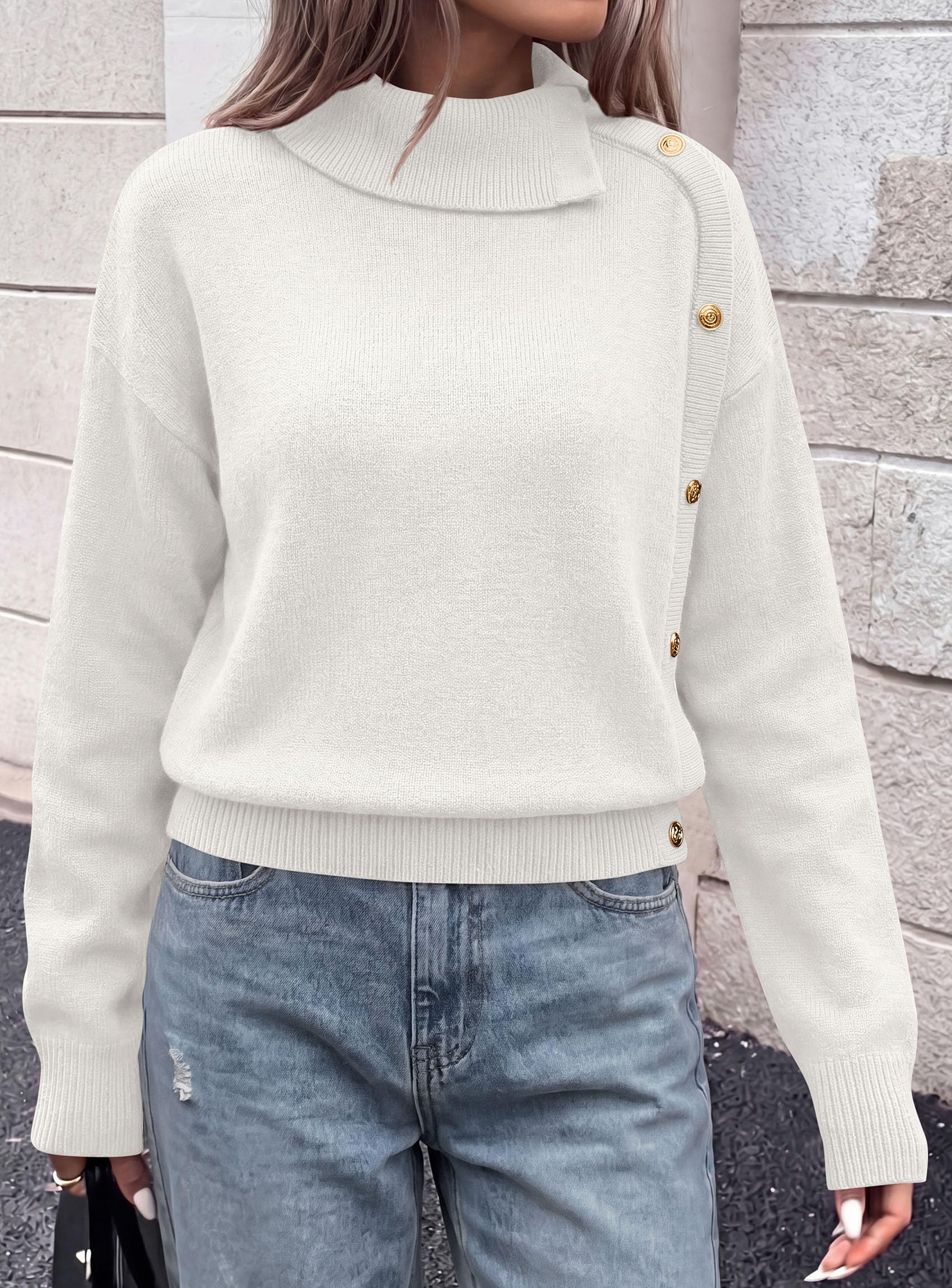 Womens Turtleneck Sweater Pullover Side Button Fall Clothes