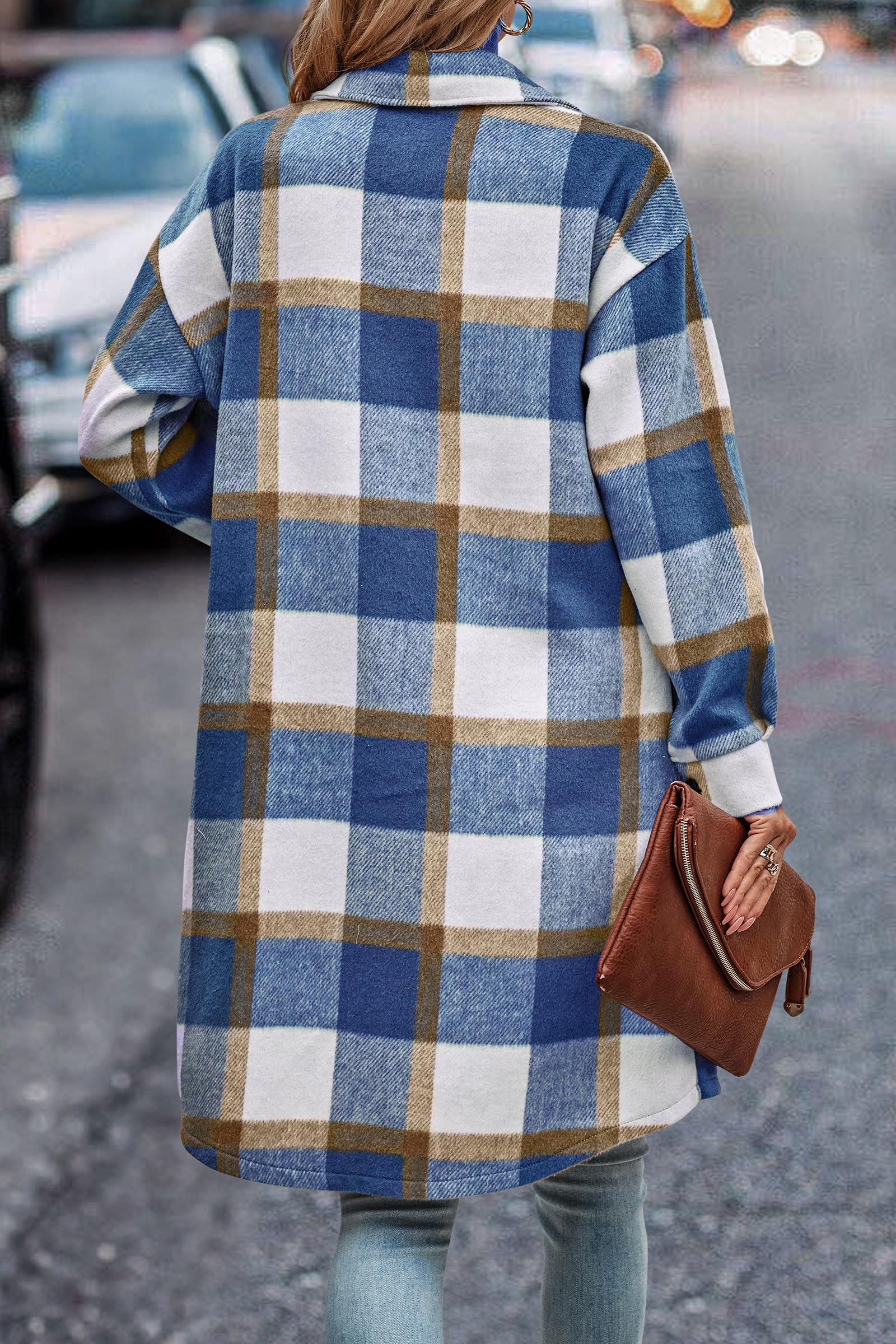 Womens Plaid Shacket Jacket Flannel Shirts,Plaid Blue White,S