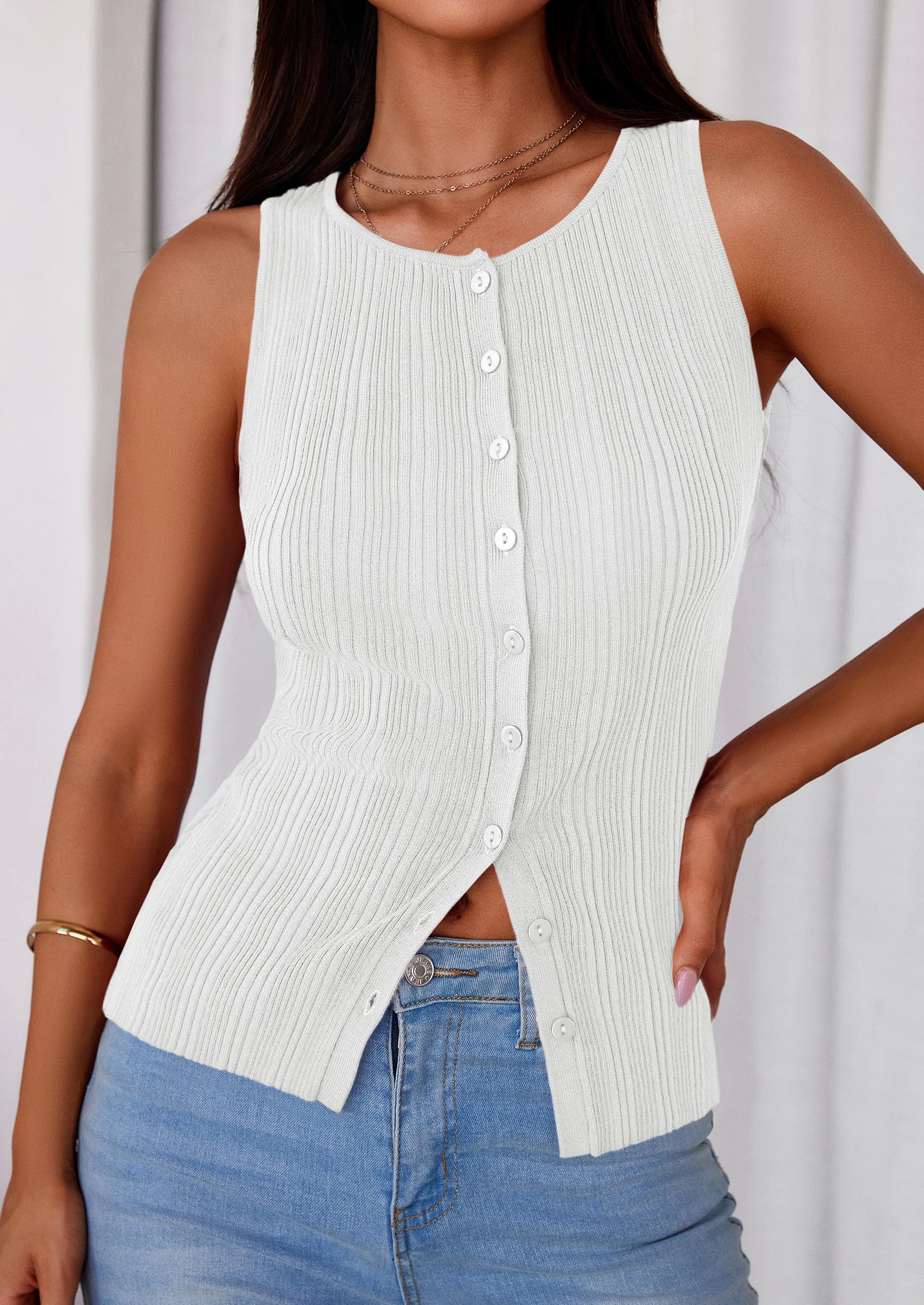Sleeveless Button Down Shirts for Women Summer 2026 Going Out Ribbed Knit Tank Tops Y2K Clothes Trendy Vest Tops White