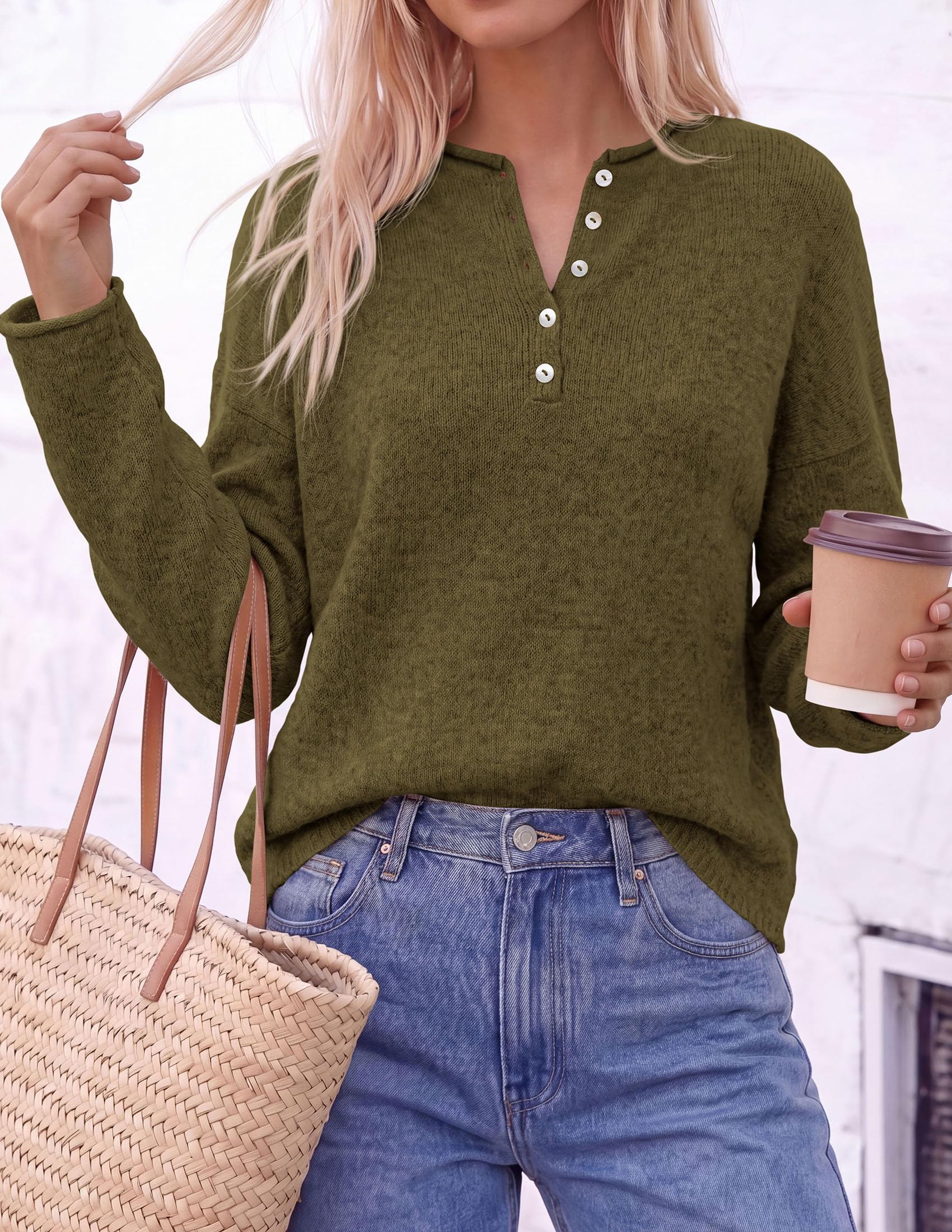 Women's Henley Cozy Sweaters Button Up Pullover Army Green S