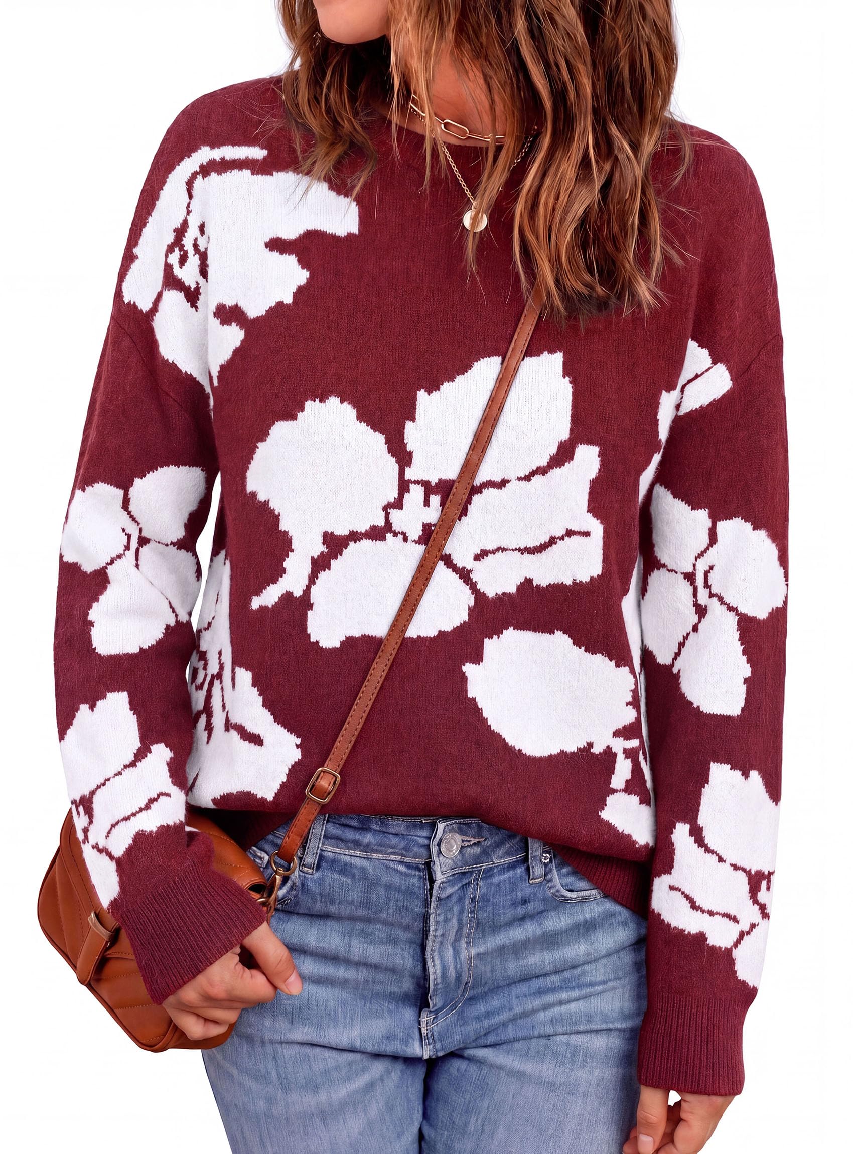 Womens Floral Sweater Crewneck Printed Pullover Tops Wine Red