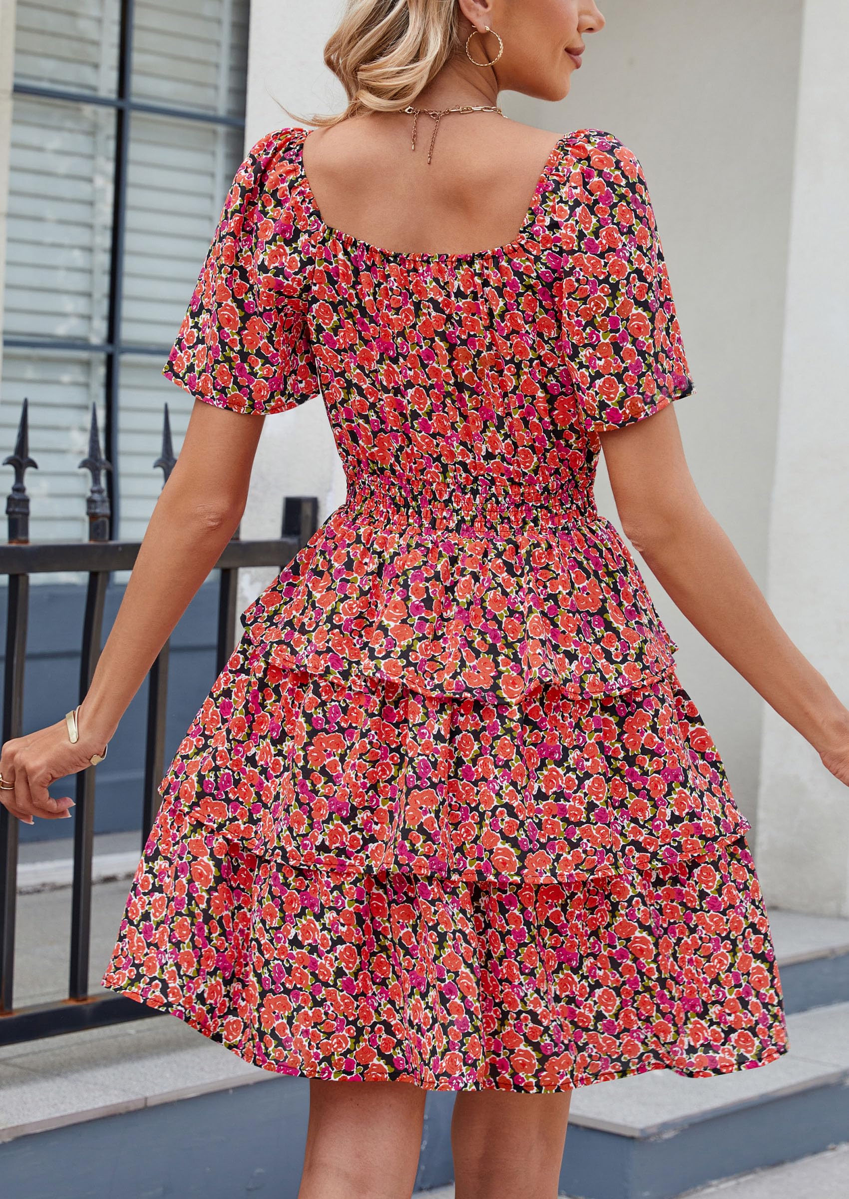 Women's Summer Floral Ruffle Short Dress Black Orange Floral,S