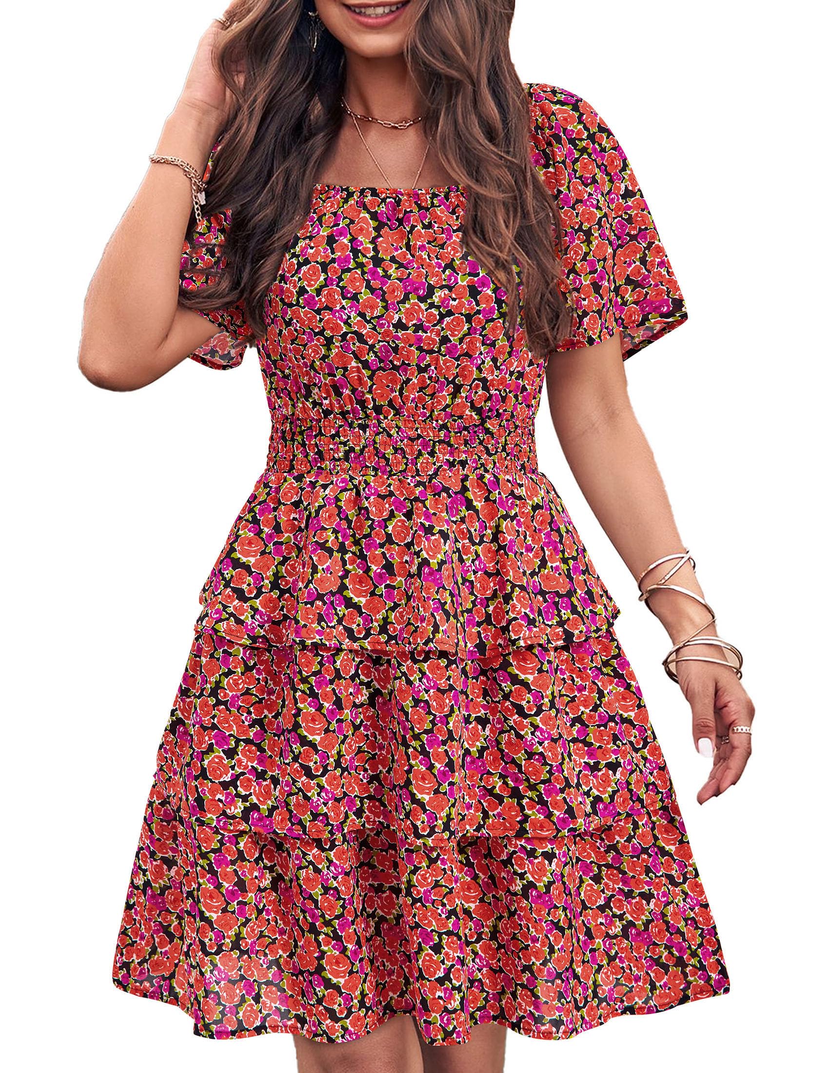 Women's Summer Floral Ruffle Short Dress Black Orange Floral,S