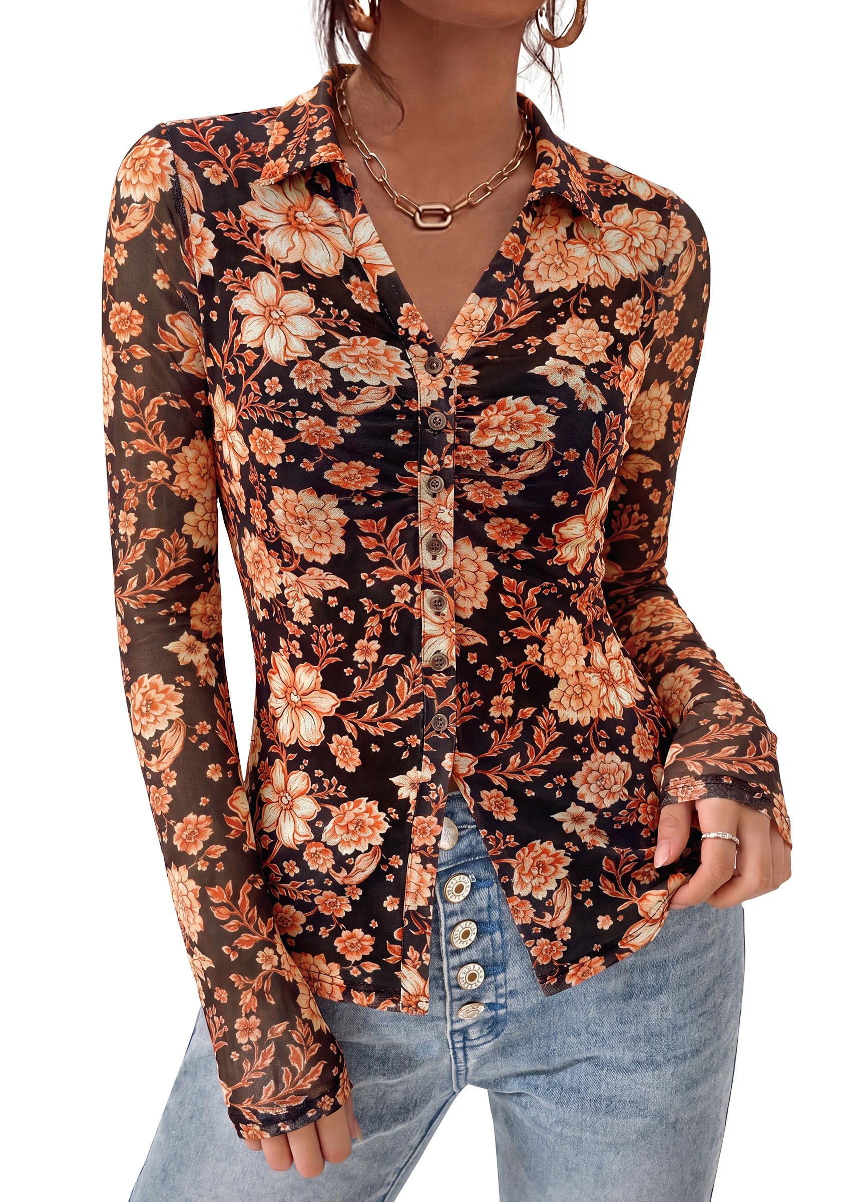 Women's Button Down Shirts Boho Mesh Floral Going Out Tops