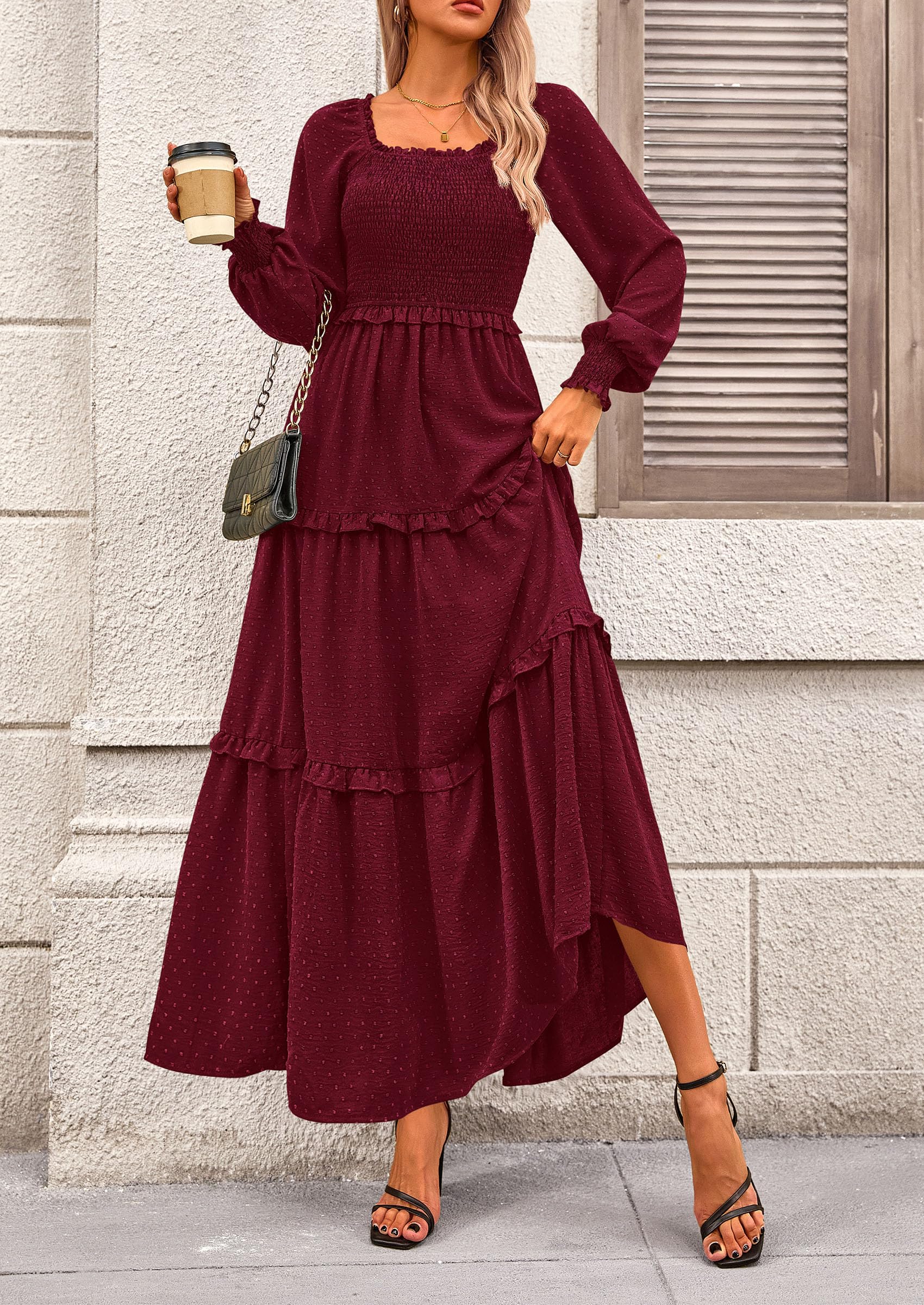 Women's Smocked Long Sleeve Maxi Dress Wedding Guest Dresses