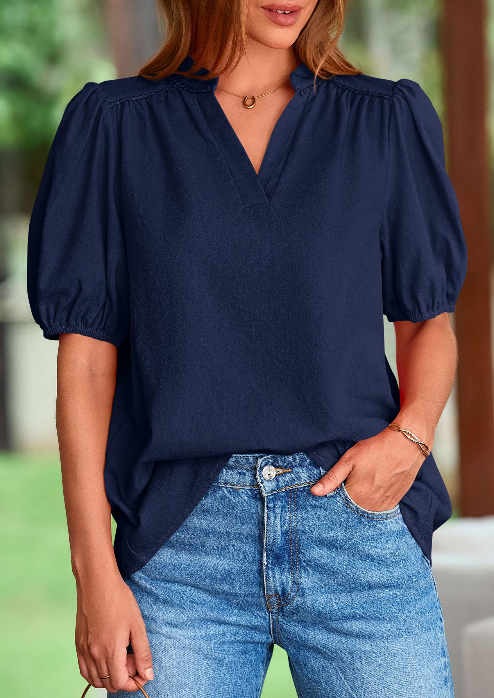 Womens Short Puff Sleeve V Neck Blouses,Navy,S