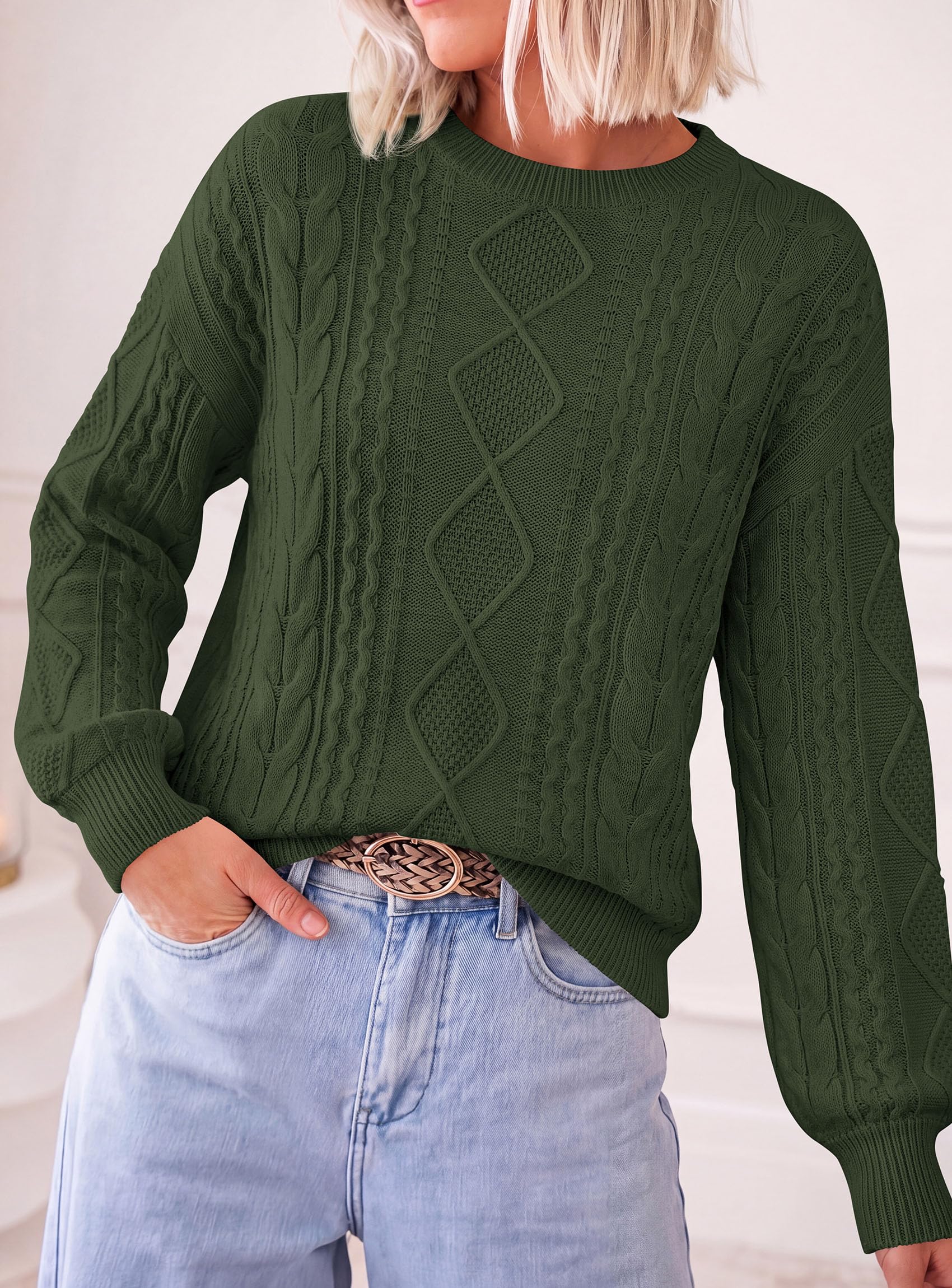 Women's Crewneck Cable Knit Sweater Pullover Tops Army Green