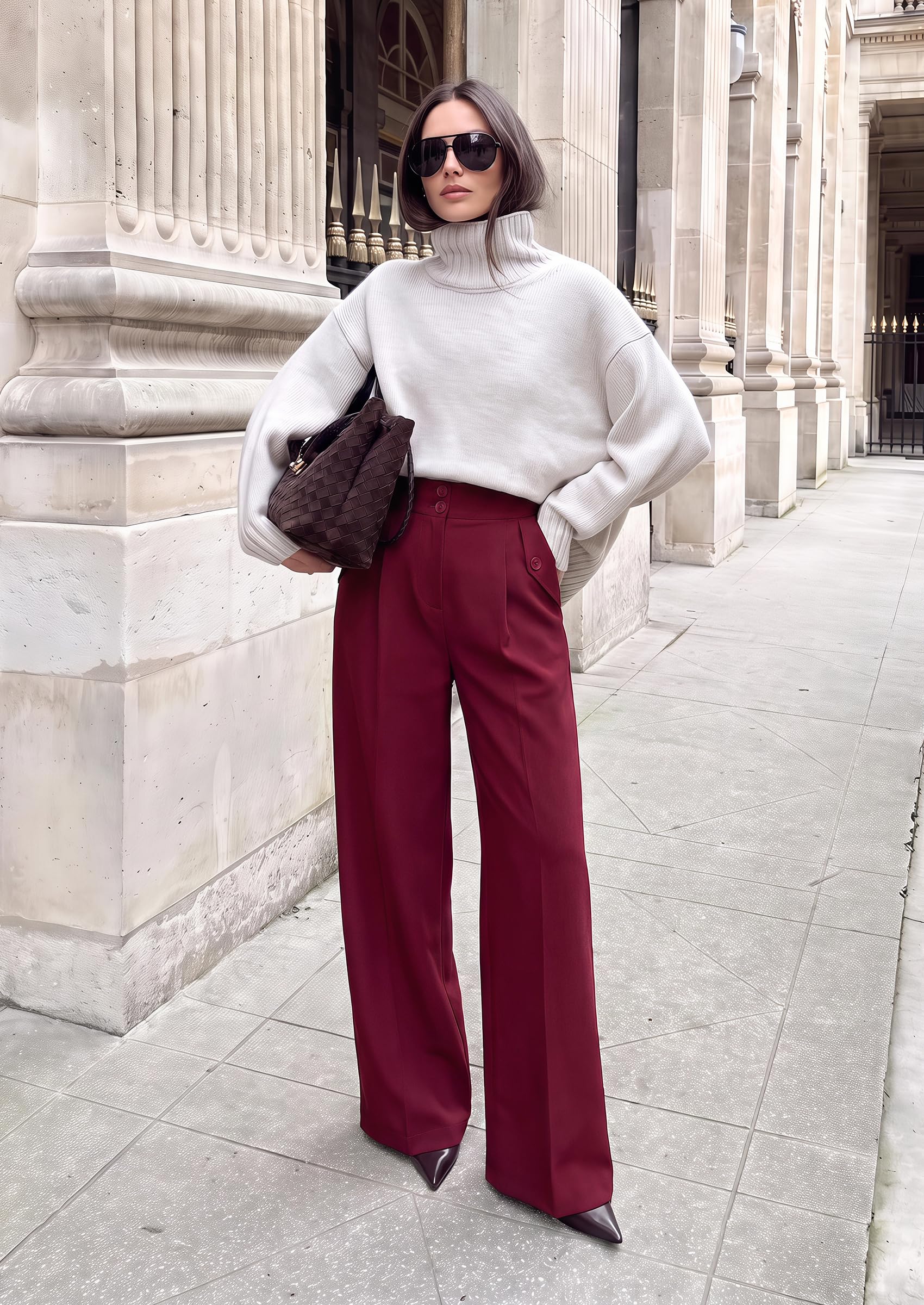Women's Wide Leg Work Dress Pants Trousers (Burgundy,S)