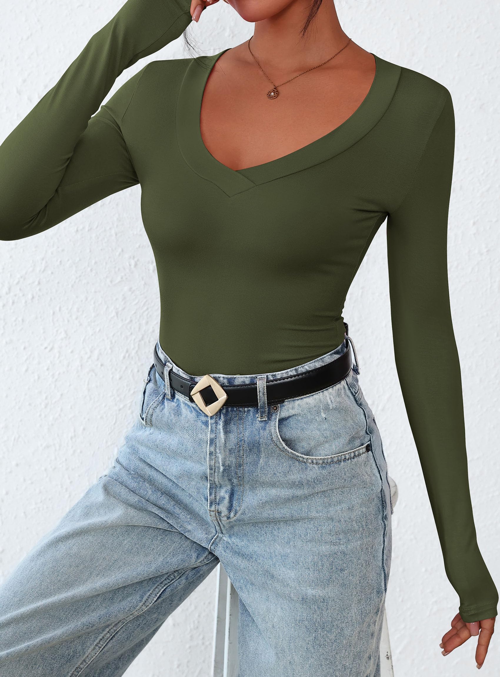 Women's V Neck Long Sleeve Shirts,Army Green,X-S