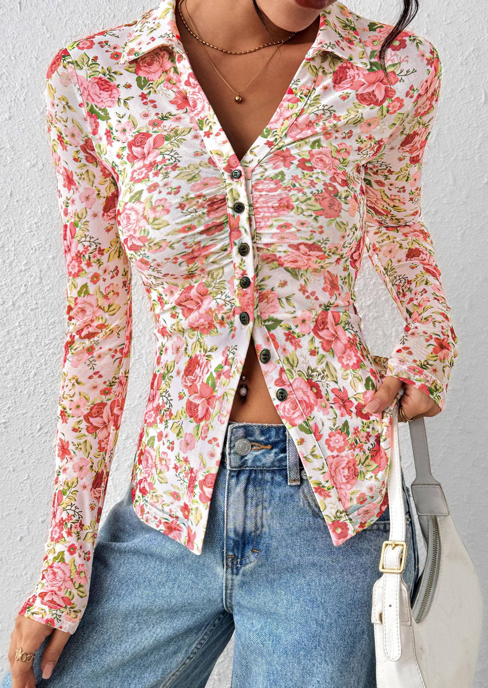 Women's Button Down Shirts Boho Mesh Floral Going Out Tops