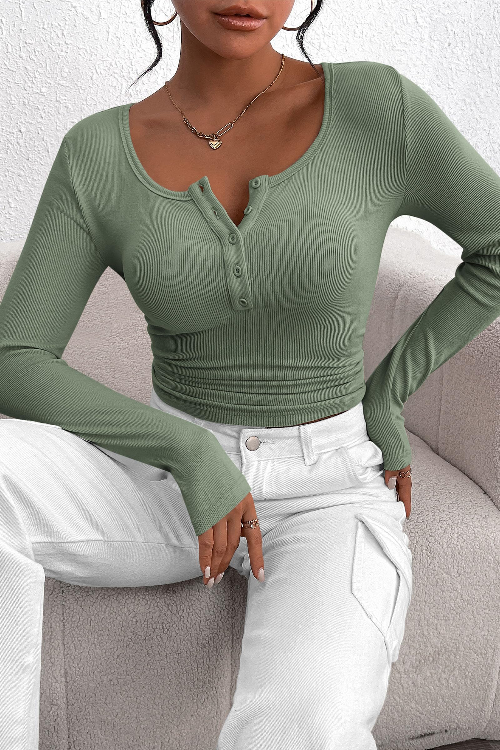 Women's Fall Long Sleeve Henley T Shirts Sage Green