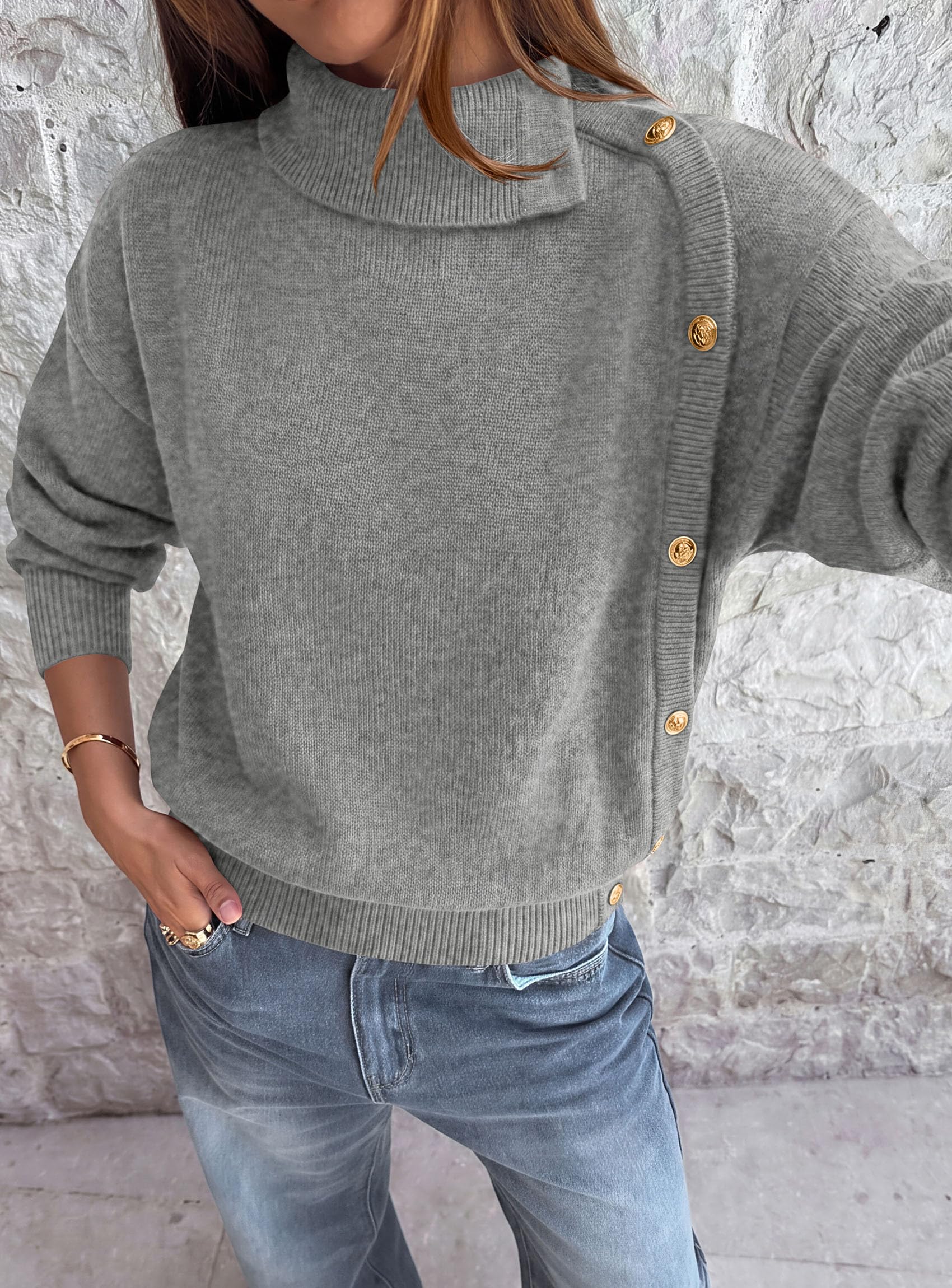 Womens Turtleneck Sweater Pullover Side Button Fall Clothes