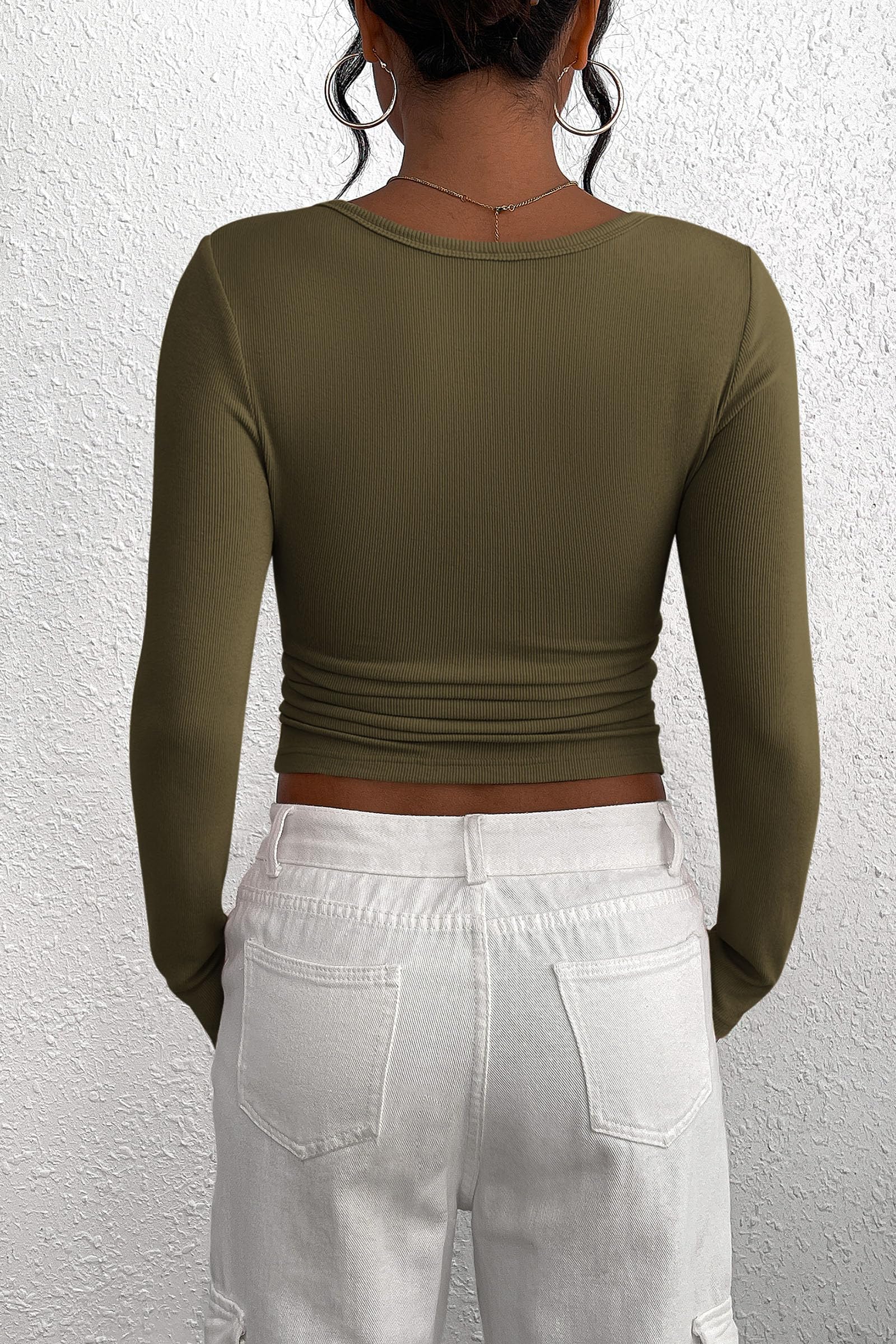 Women's Fall Long Sleeve Henley T Shirts Army Green