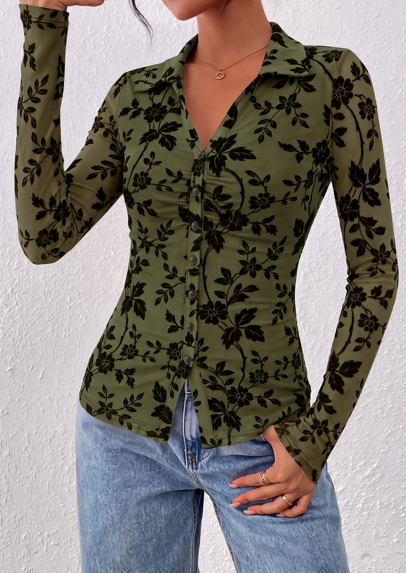 Women's Long Sleeve Floral Mesh Boho Tops Button Down Shirts