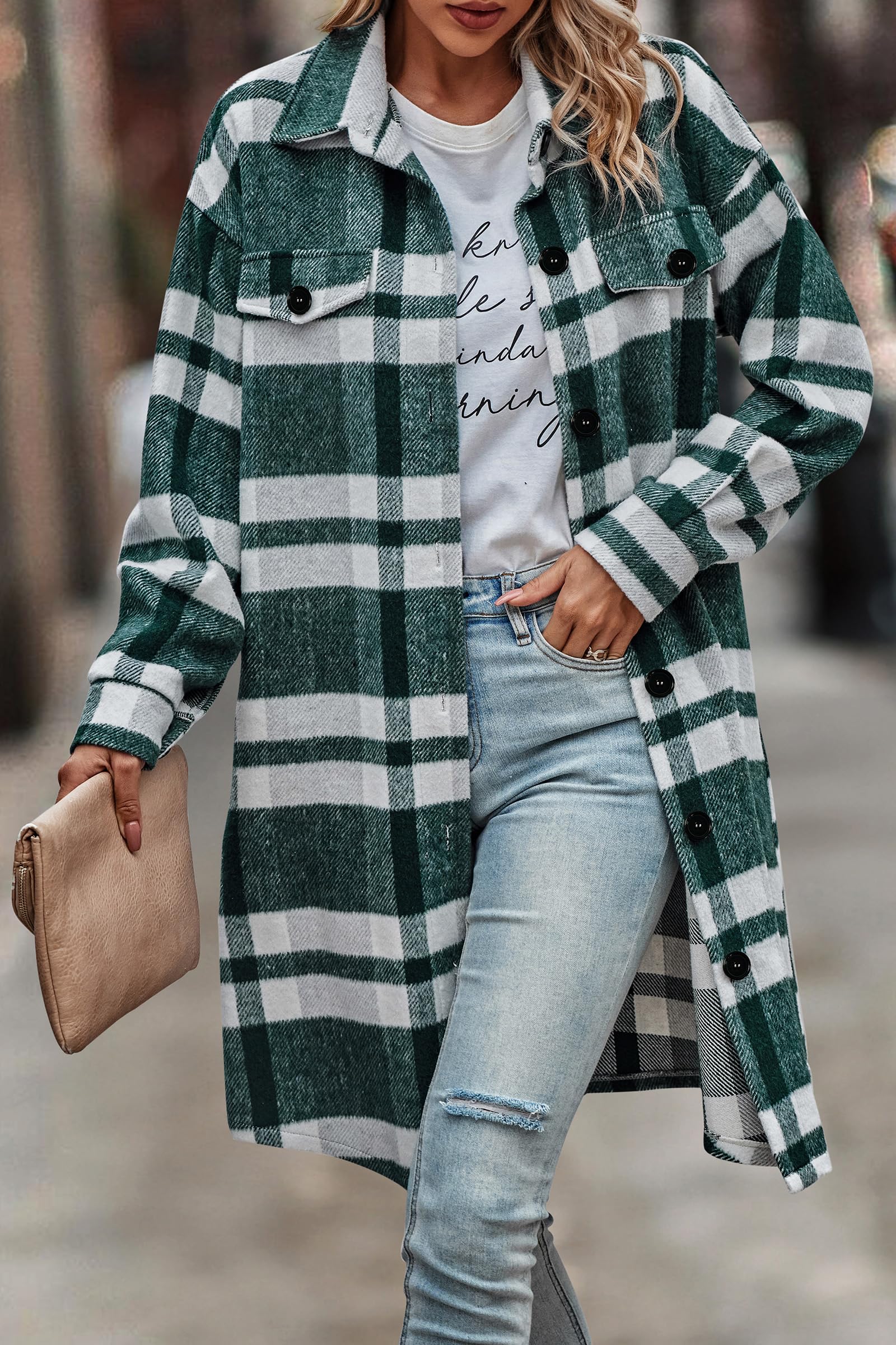 Womens Plaid Shacket Jacket Flannel Shirts,Plaid Dark Green,S