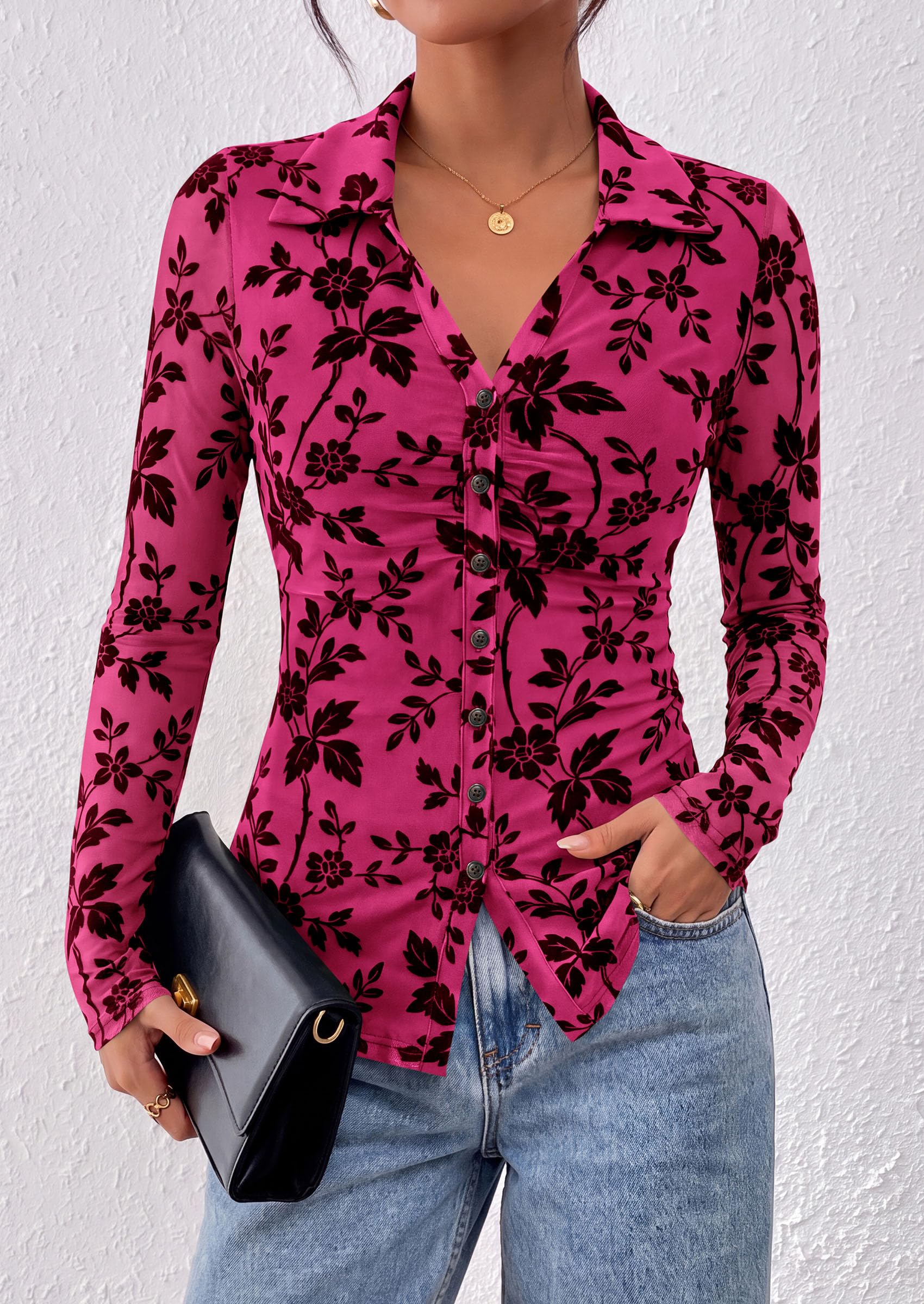 Women's Long Sleeve Floral Mesh Boho Tops Button Down Shirts