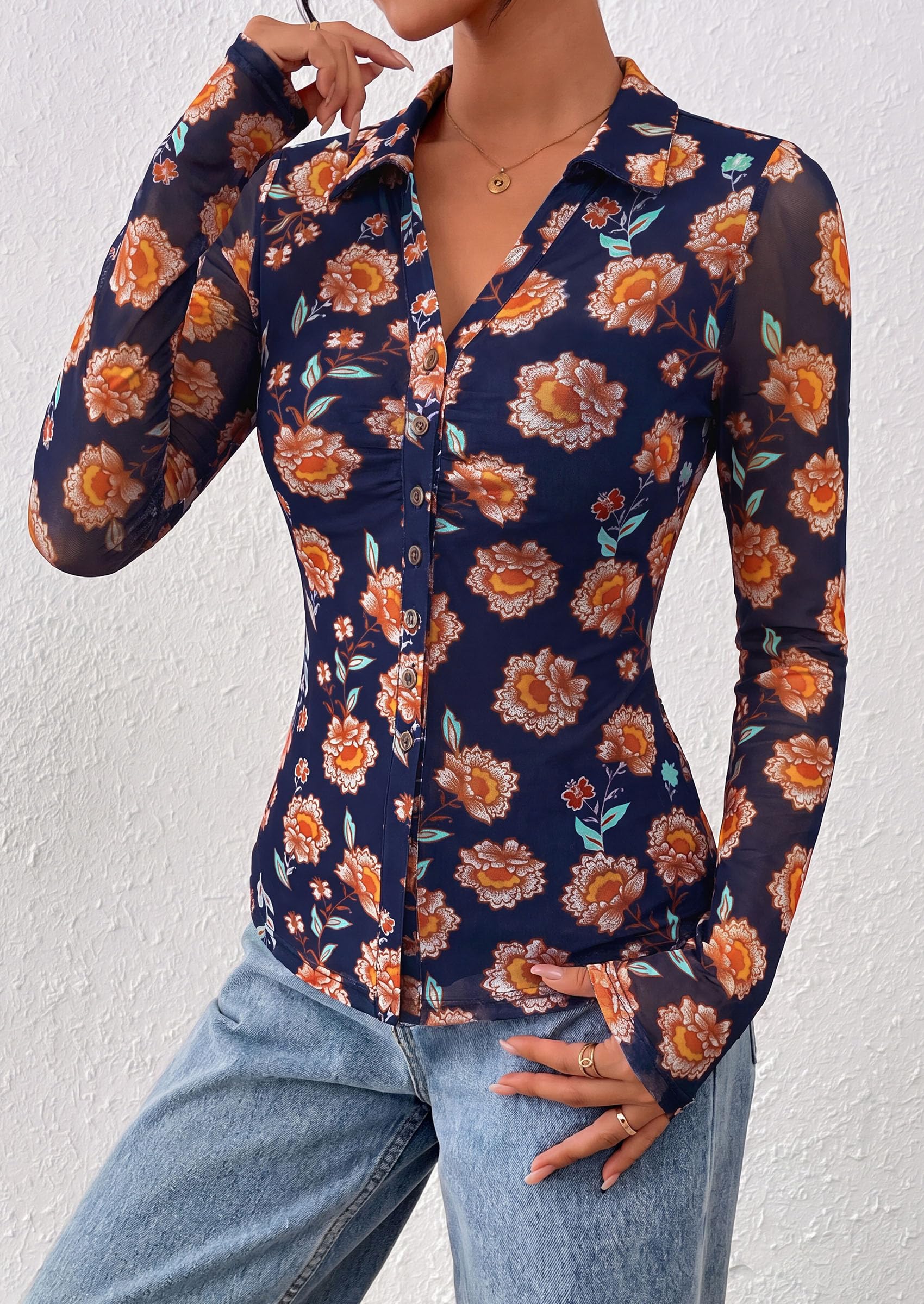 Women's Button Down Shirts Boho Mesh Floral Going Out Tops
