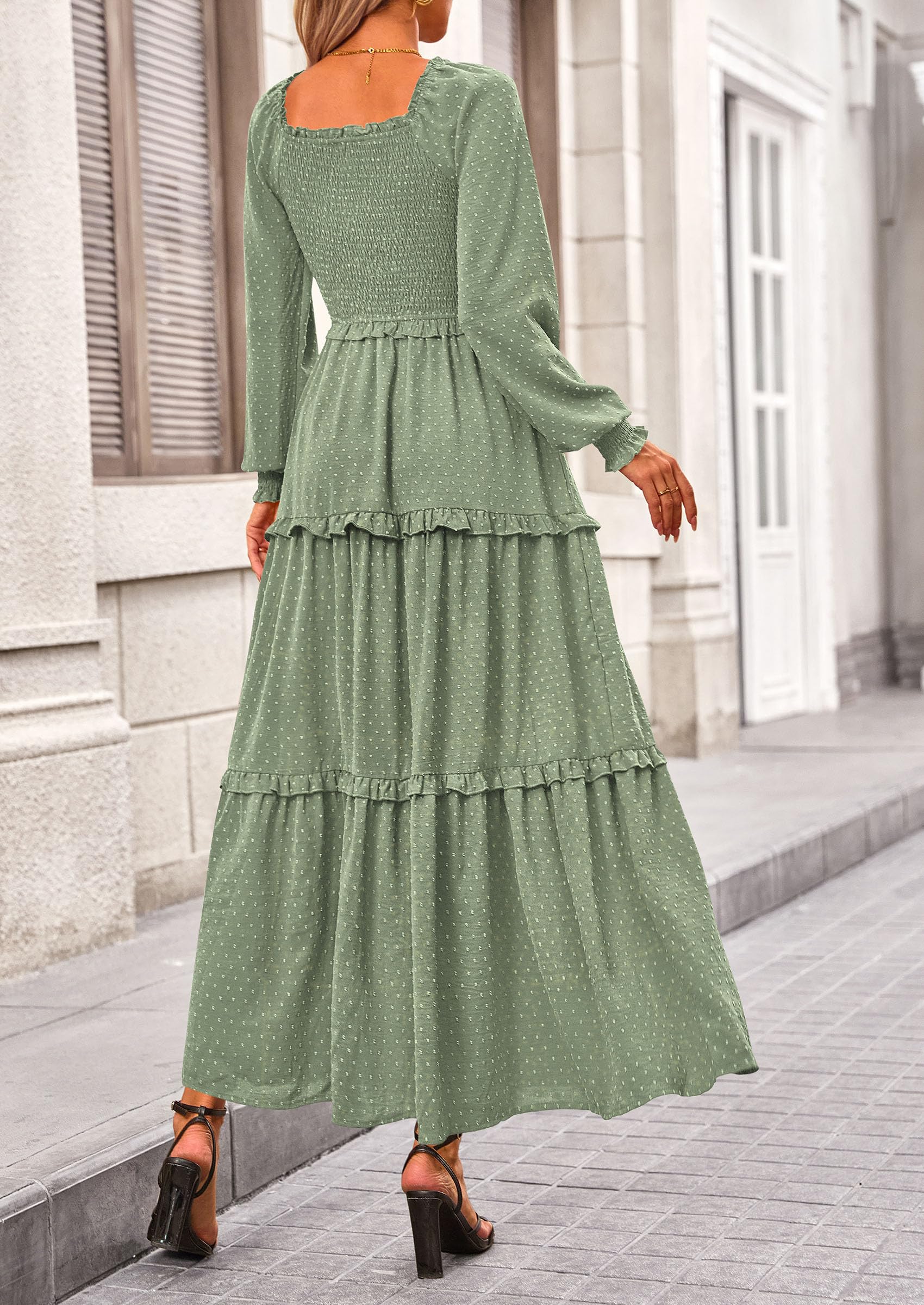 Women's Smocked Long Sleeve Maxi Dress Wedding Guest Dresses