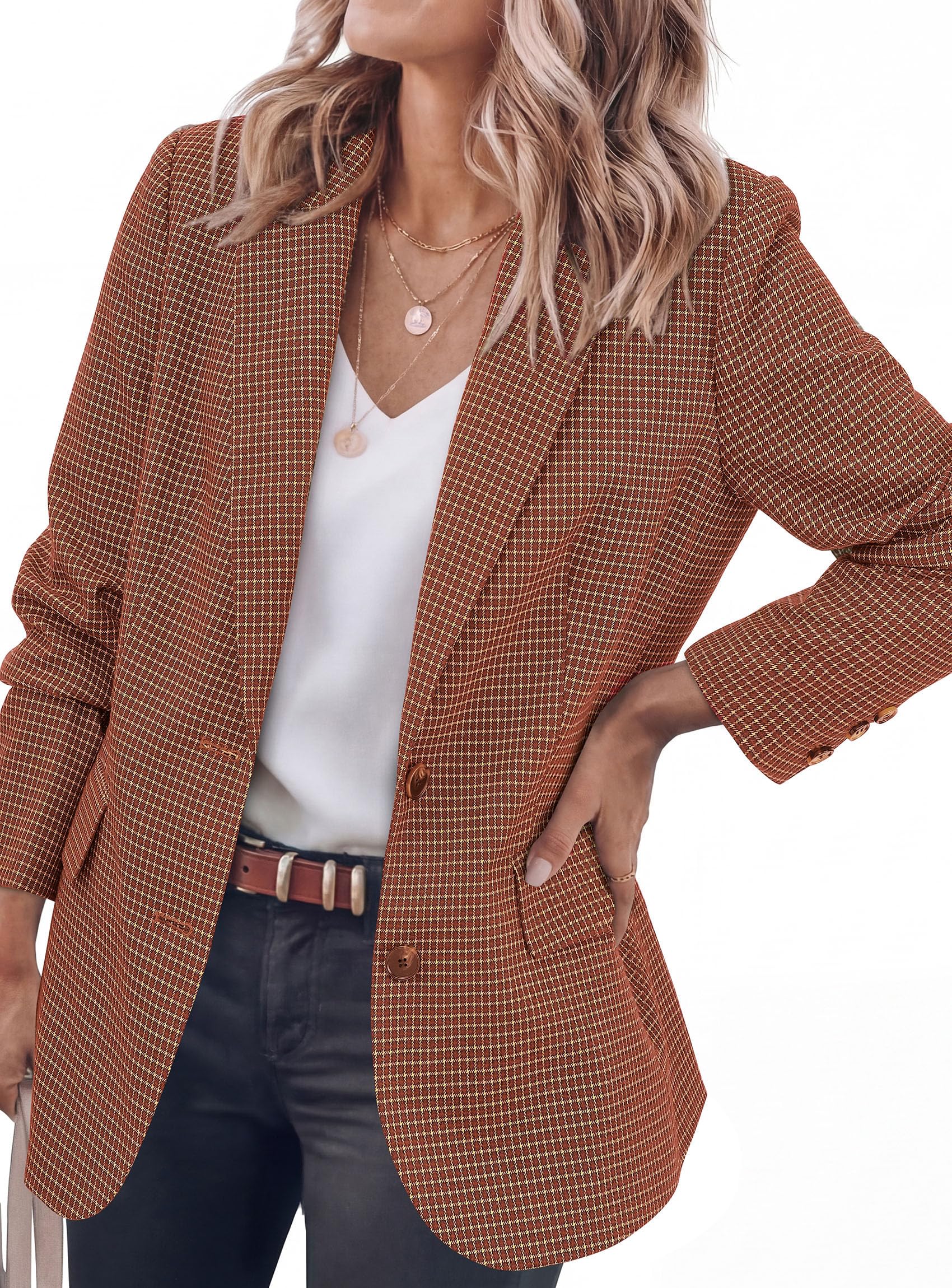 Fall Plaid Blazers for Women Business Casual Caramel S