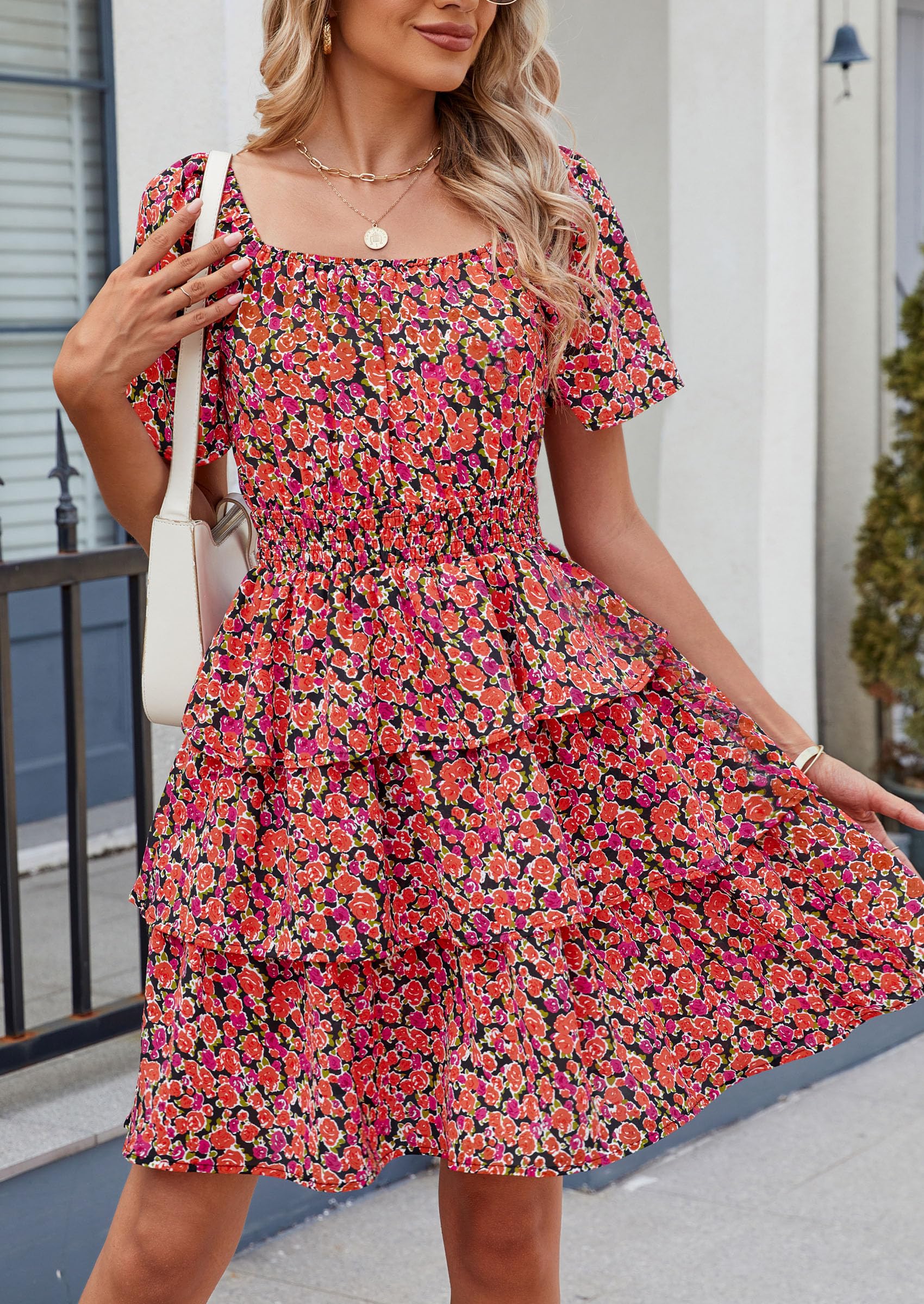 Women's Summer Floral Ruffle Short Dress Black Orange Floral,S