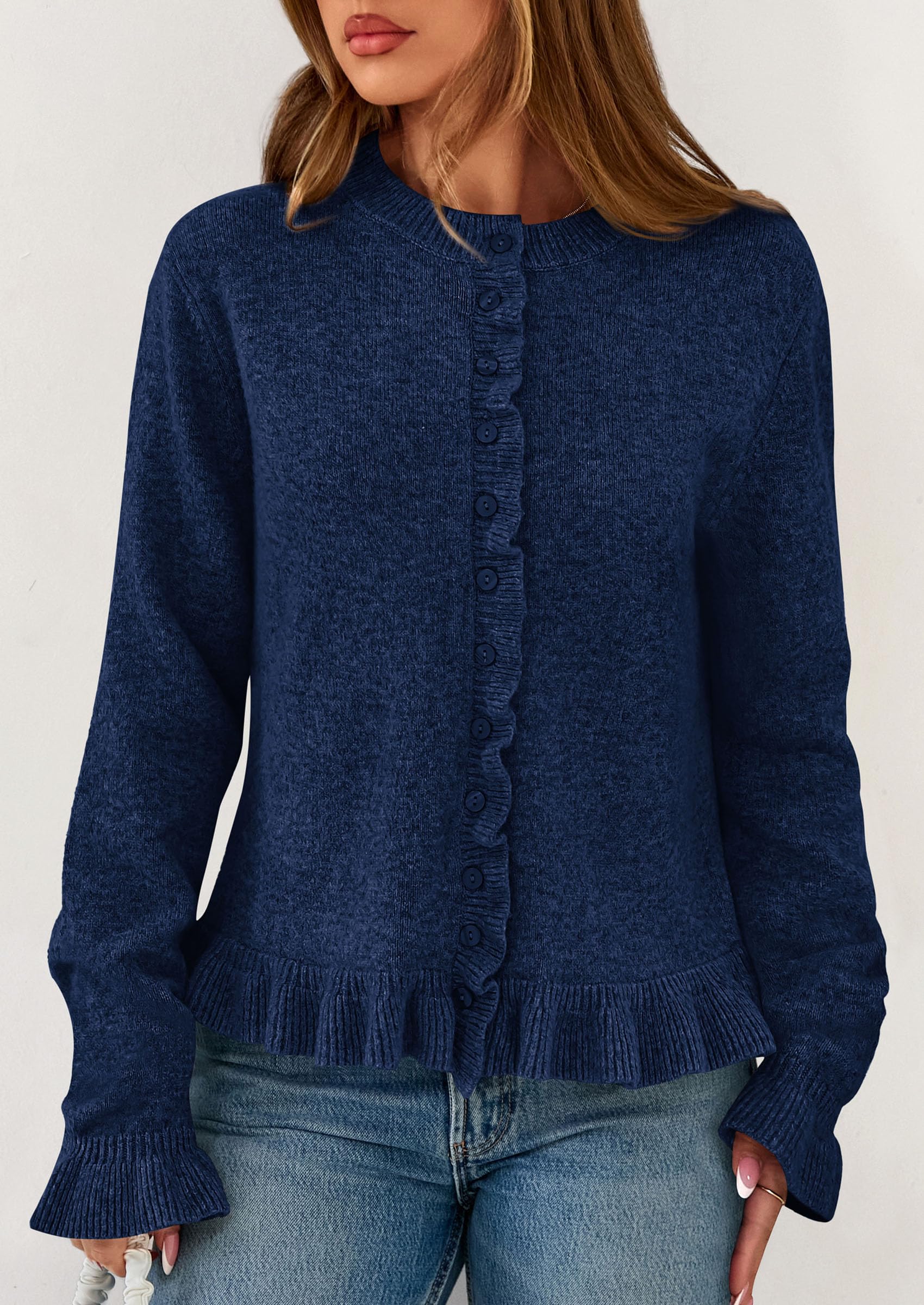 Womens Ruffle Button Down Cardigan Sweaters,Navy Blue,S