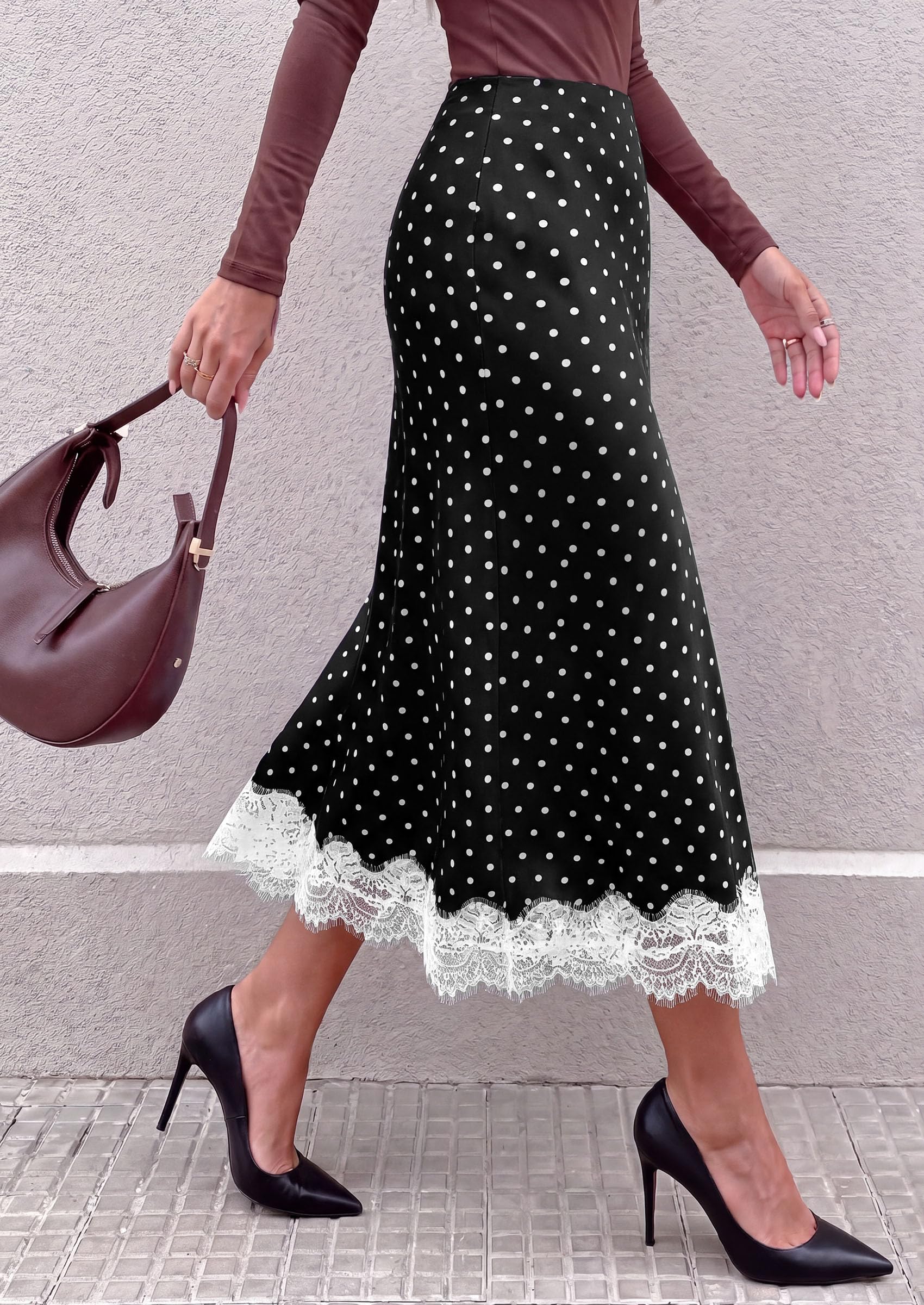 Women's Polka Dot Satin Skirt Fall Flowy Midi Leopard Skirts