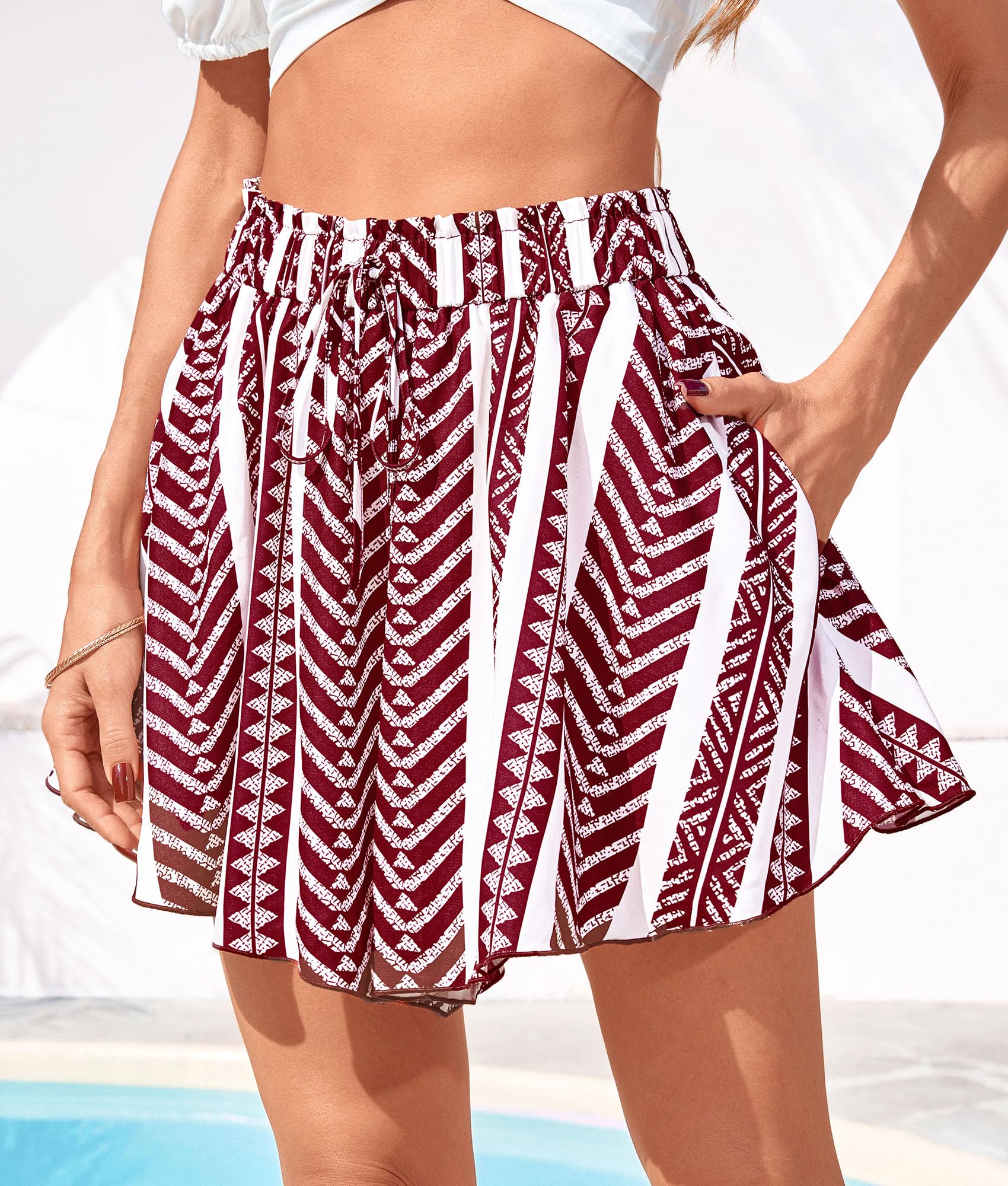 Women's Summer Wide Leg Flowy Shorts,Print Burgundy White,S