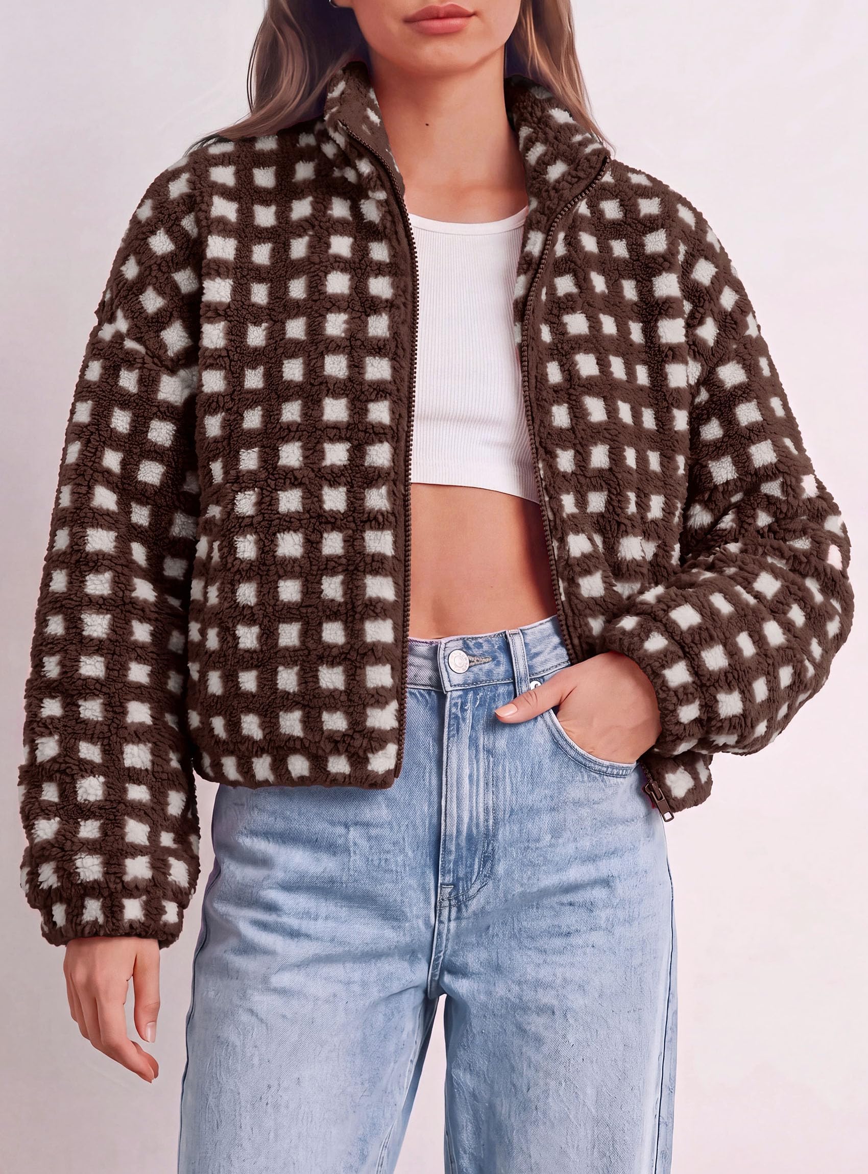Women's Gingham Sherpa Fleece Jacket Plaid Cropped Teddy Coat