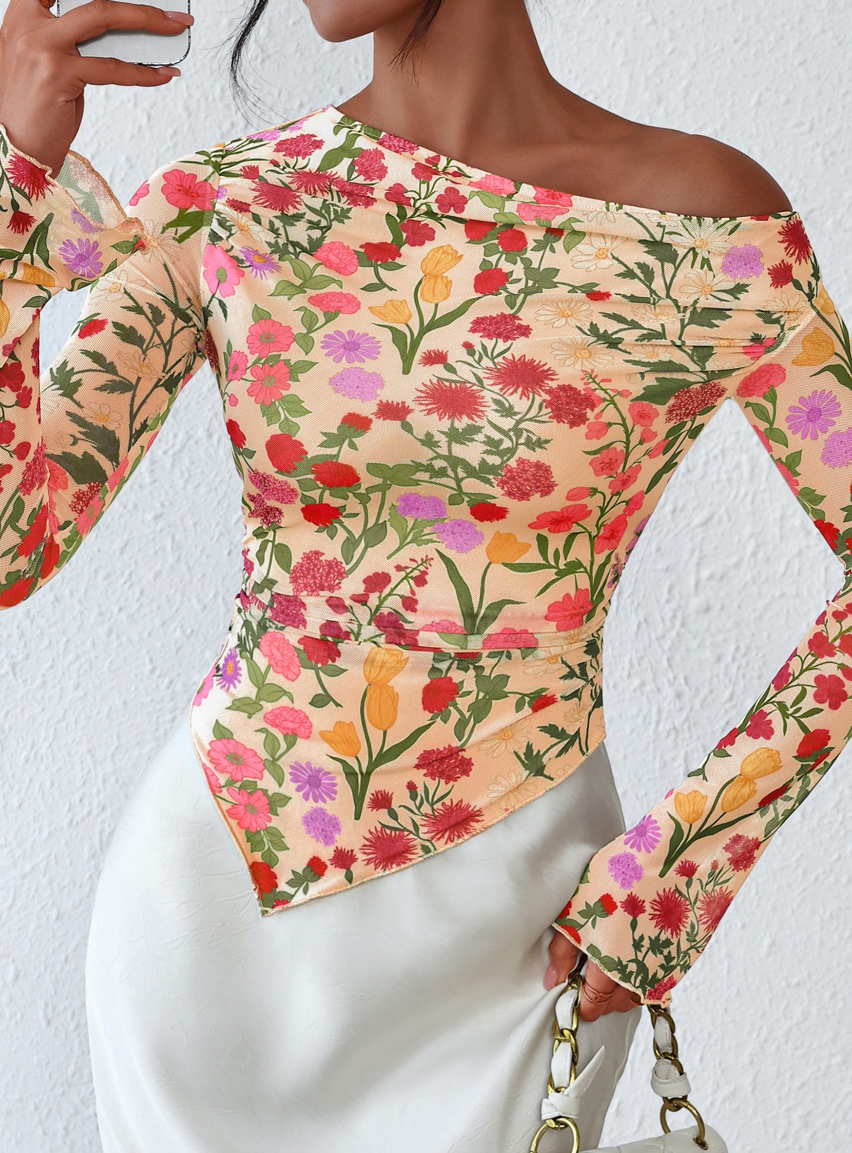 Womens Off Shoulder Mesh Y2k Tops,Floral Apricot Multi,XS
