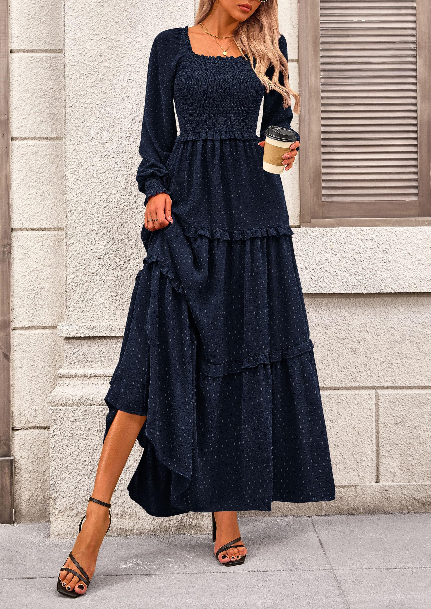 Women's Smocked Long Sleeve Maxi Dress Wedding Guest Dresses