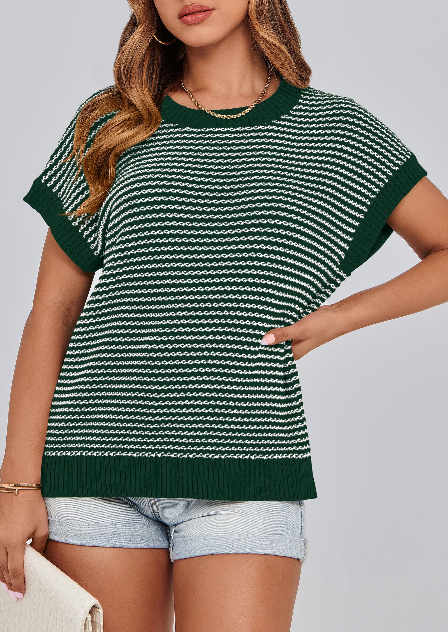 Women's Striped Short Sleeve Sweater Vest Dark Green,S