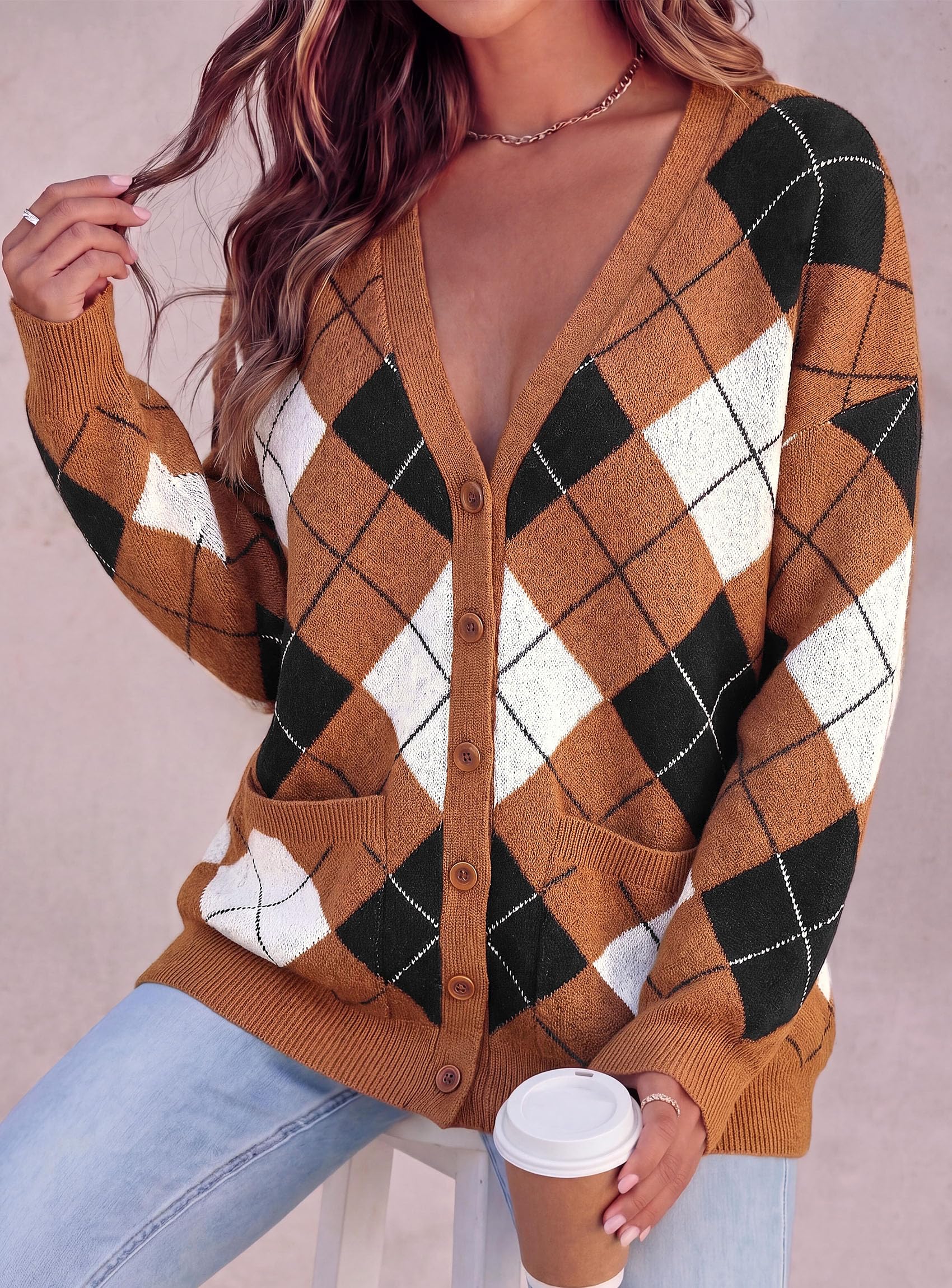 Women's Cardigan Argyle Winter Sweaters (Plaid Brown,S)