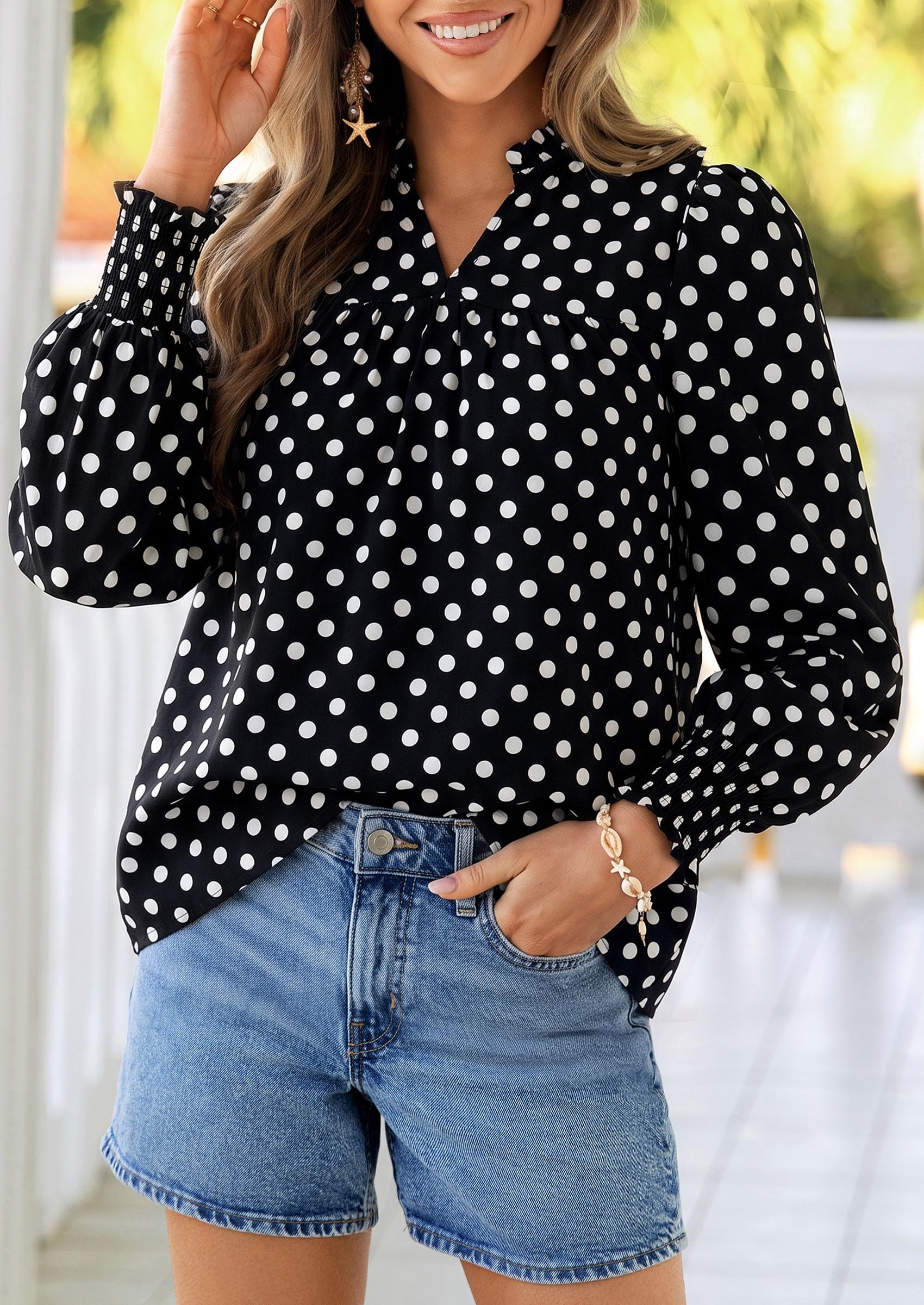 Women's Boho Floral Blouses Dressy Casual Polka Dot Black,S