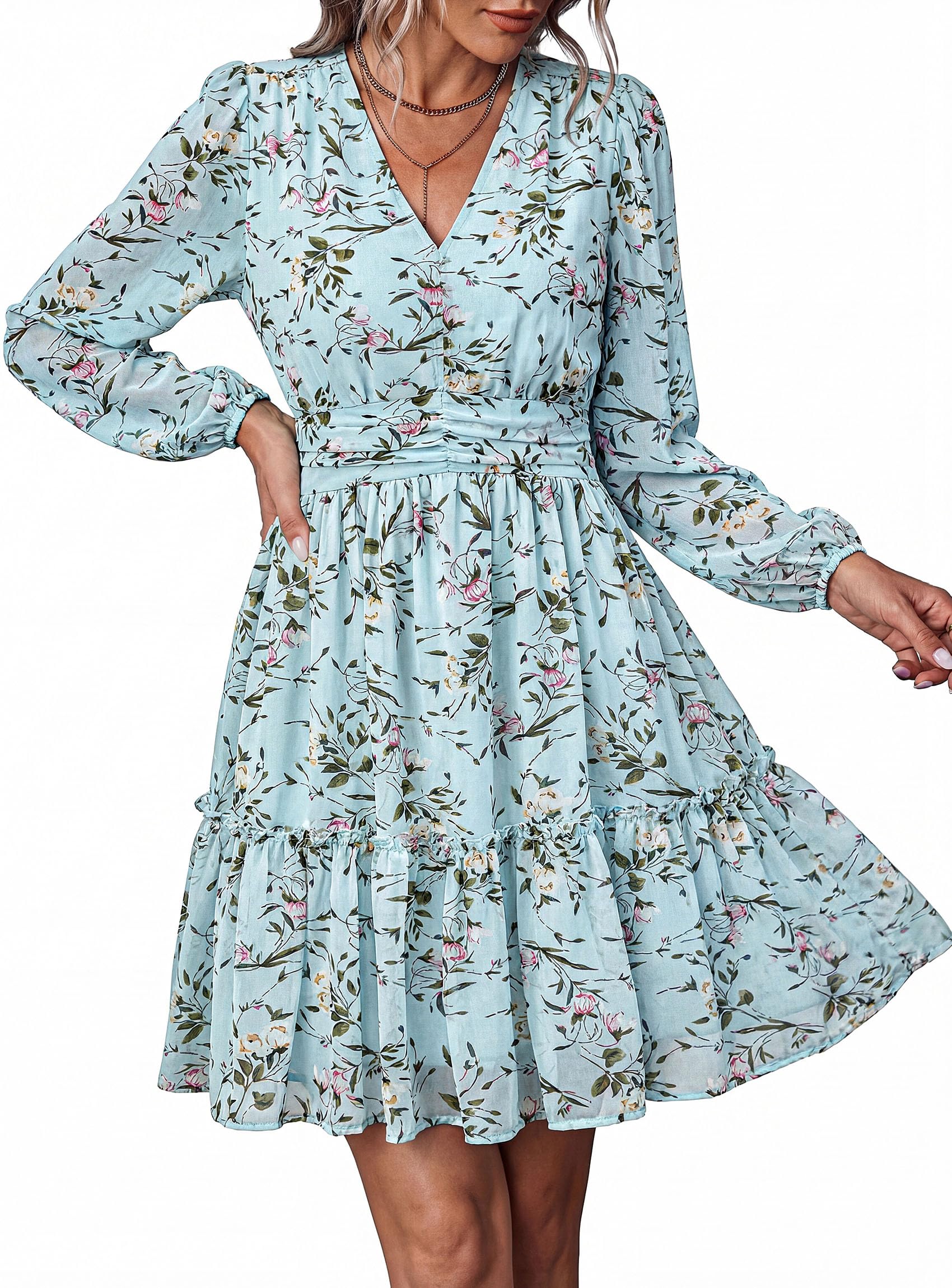 Women Floral Long Sleeve Mini Dress Fall Wedding Guest Dresses