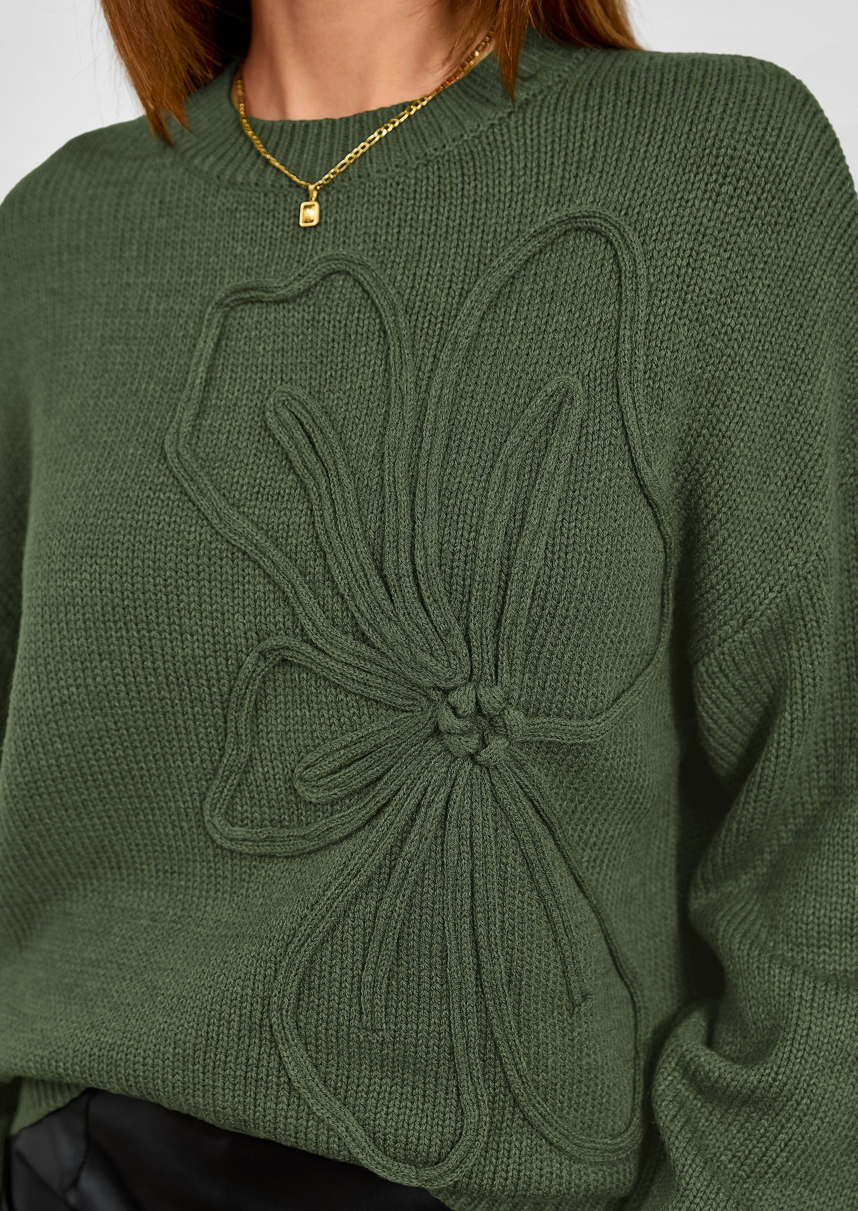Women's Oversized 3D Floral Knit Sweater,Army Green,S