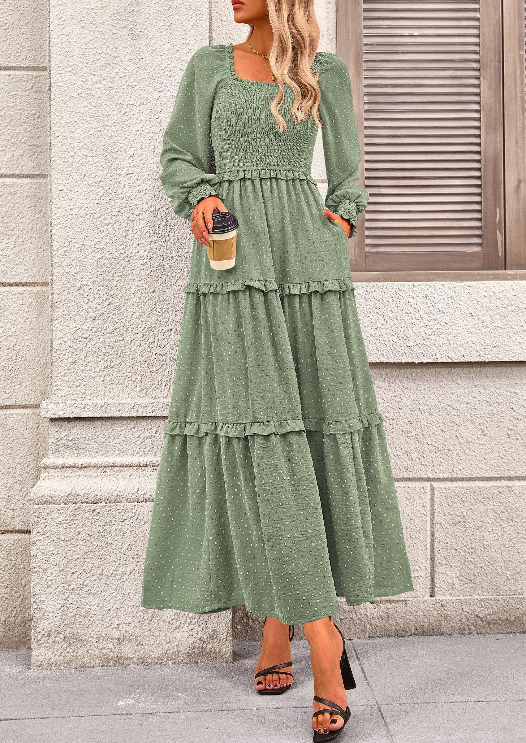 Women's Smocked Long Sleeve Maxi Dress Wedding Guest Dresses