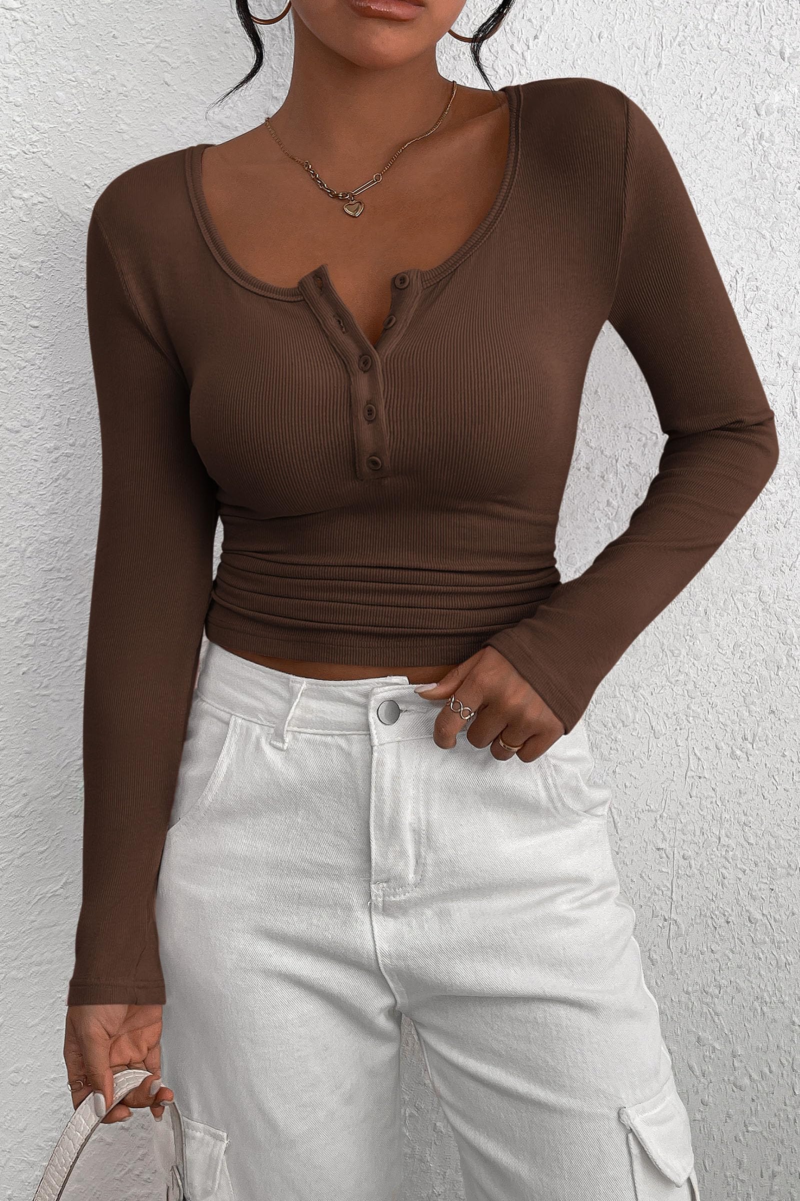 Women's Fall Long Sleeve Henley T Shirts Coffee