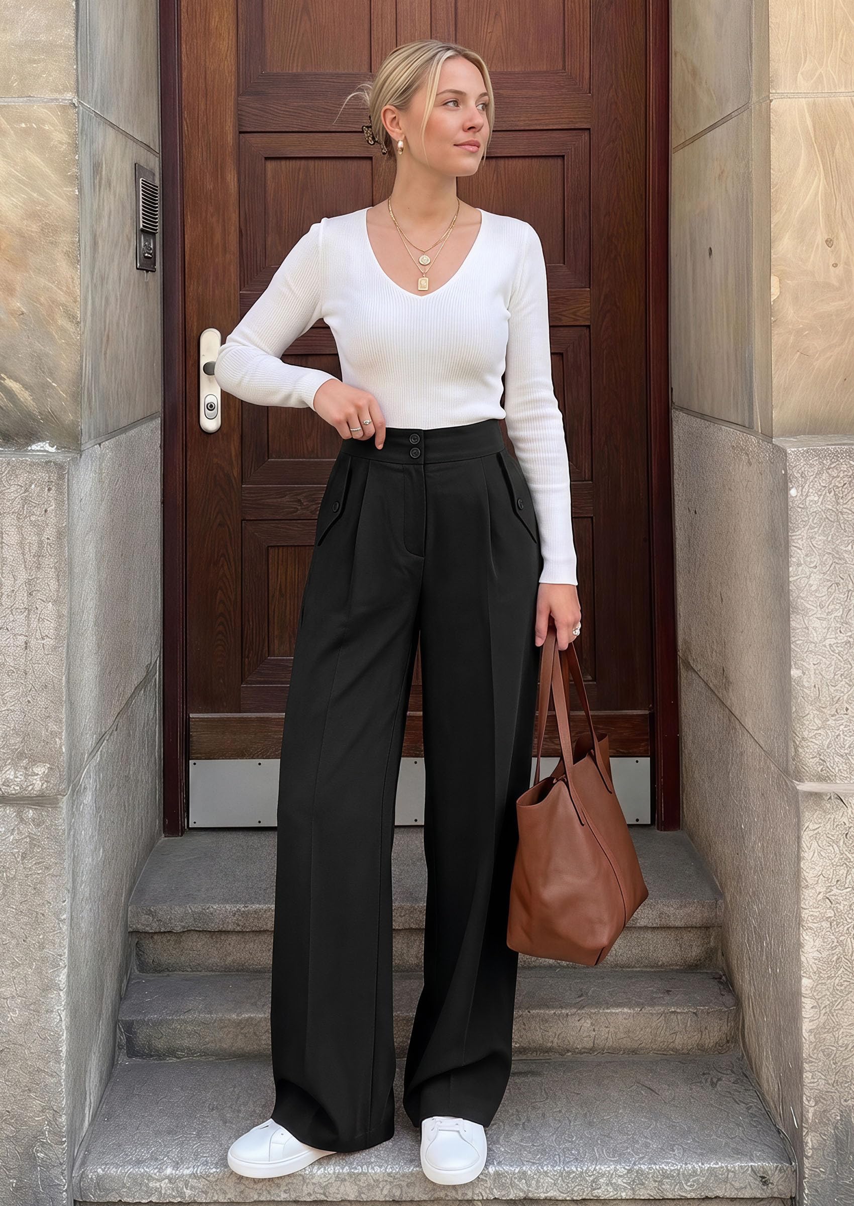 Women's Wide Leg Work Dress Pants Trousers (Black,S)