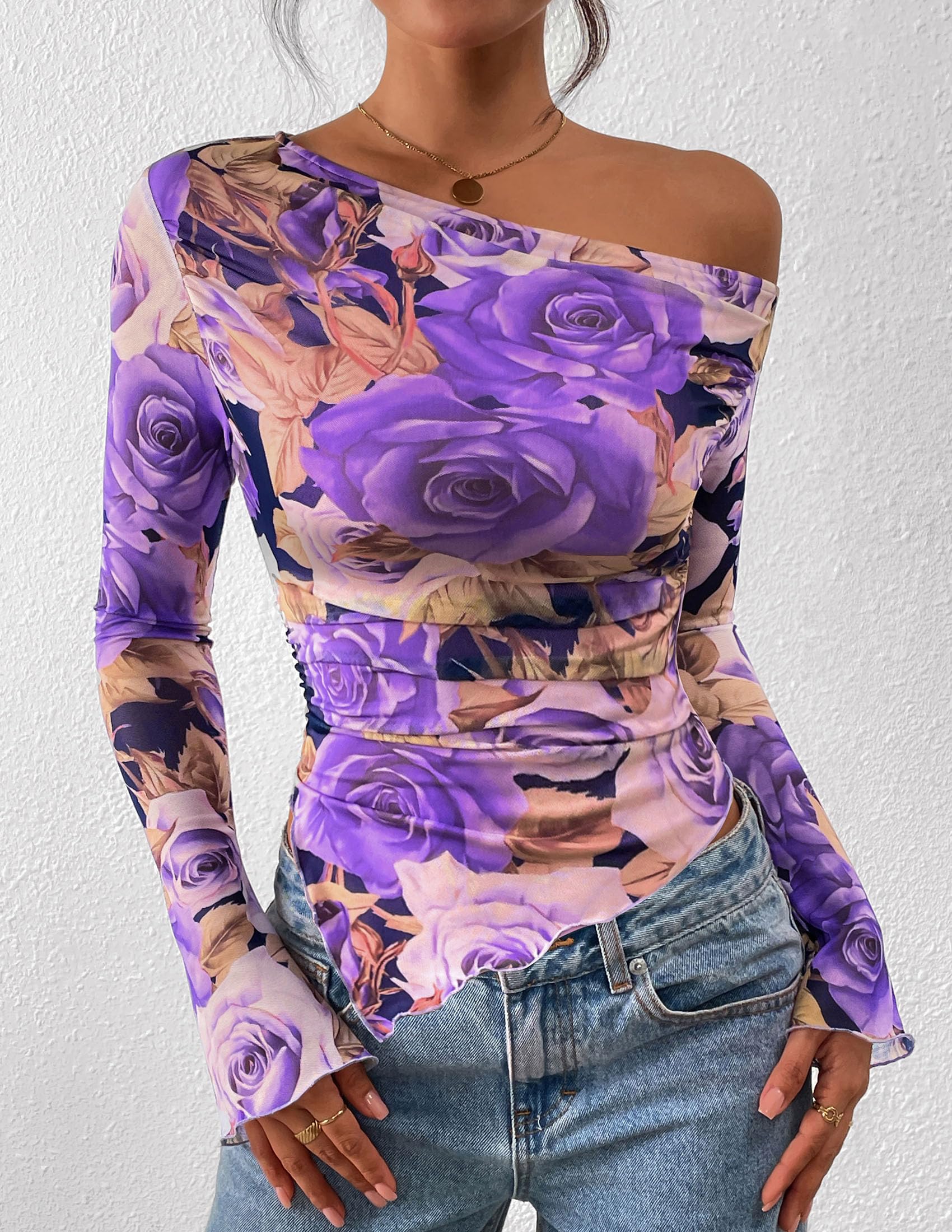 Womens Off Shoulder Mesh Y2k Tops,Floral Purple,XS