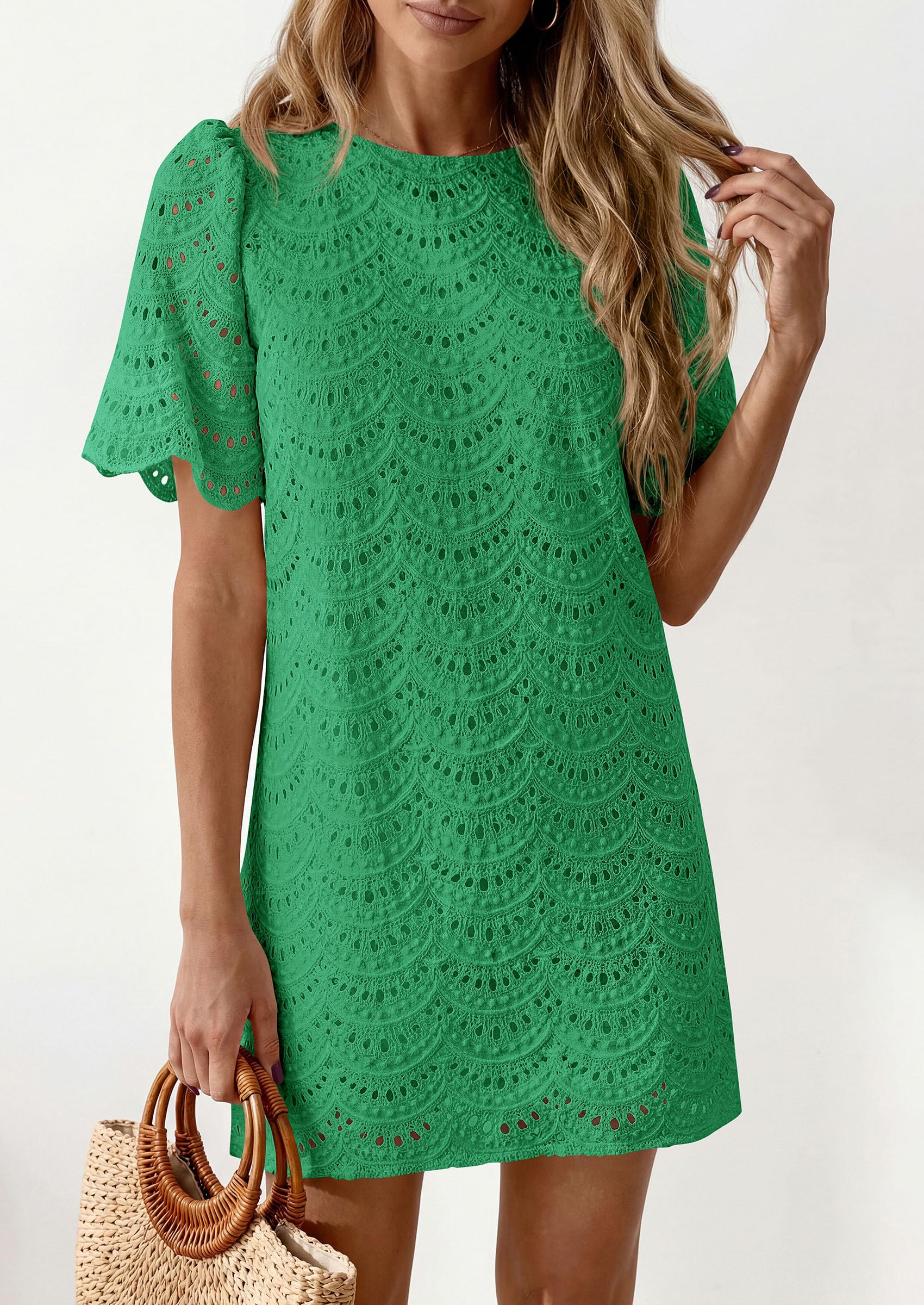 Women's Summer Eyelet Lace Short Dress (Dark Green,S)