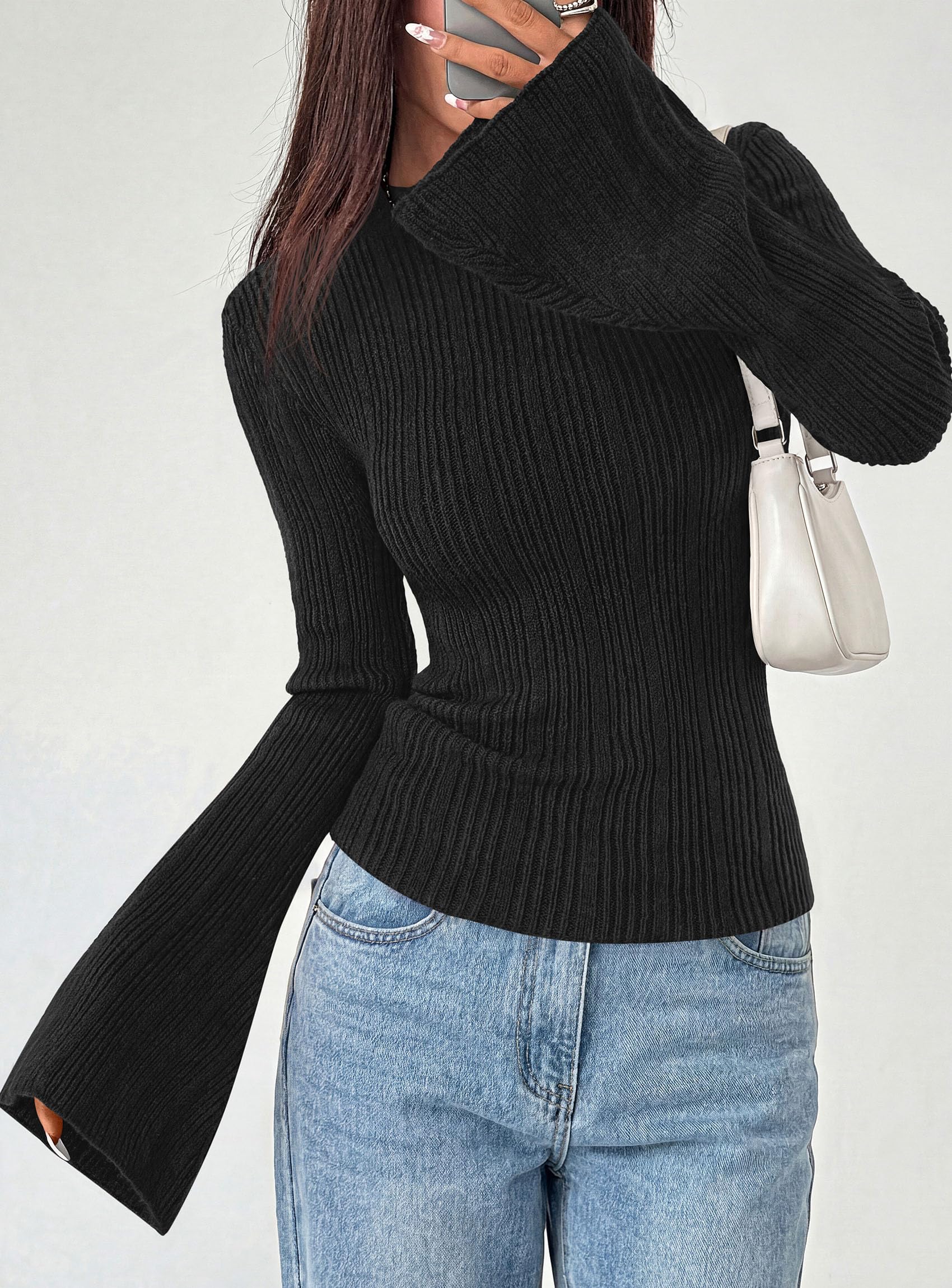 Womens Bell Long Sleeve Tops Mock Neck Sweaters,Black,S