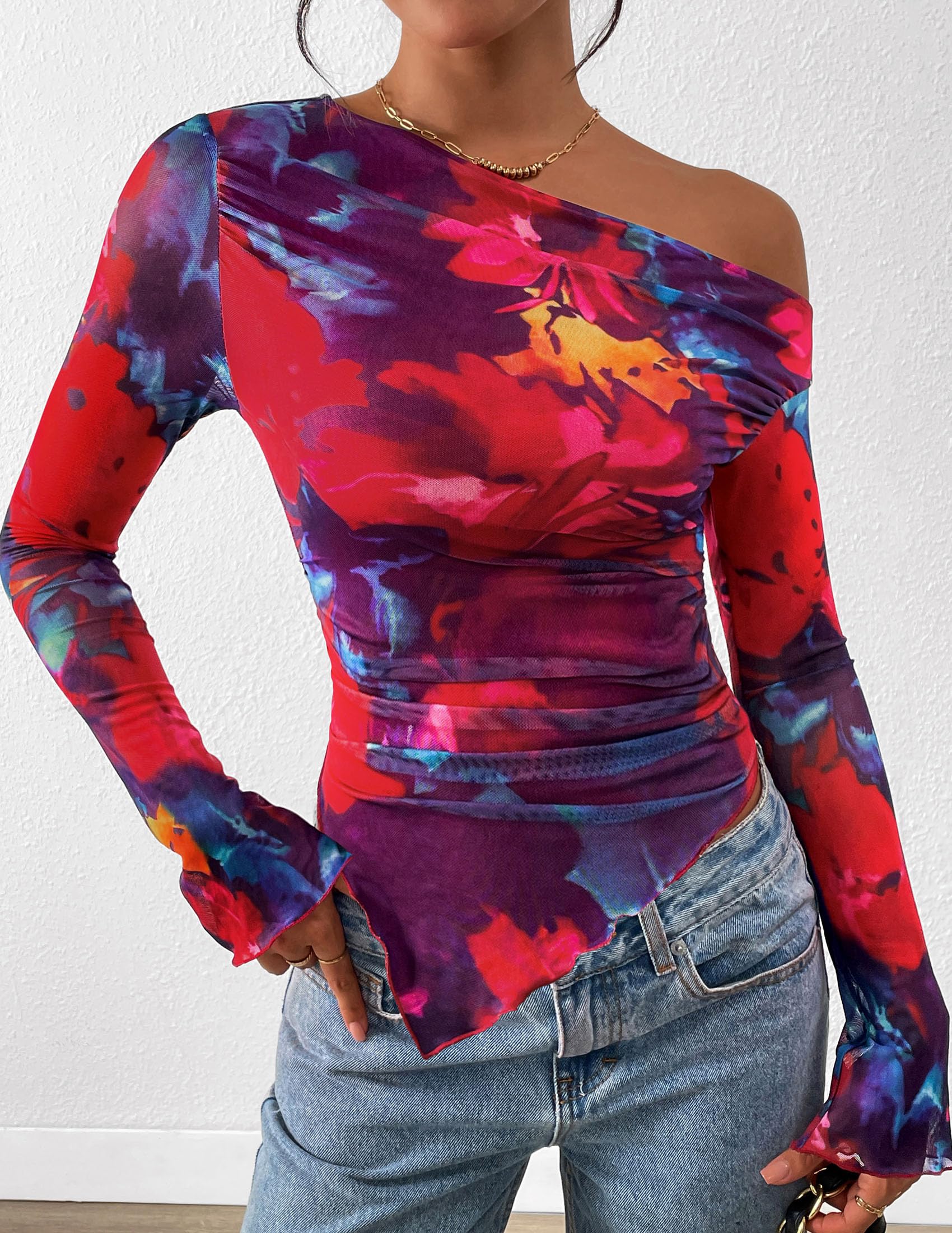 Womens Off Shoulder Mesh Y2k Tops,Floral Navy Red,XS