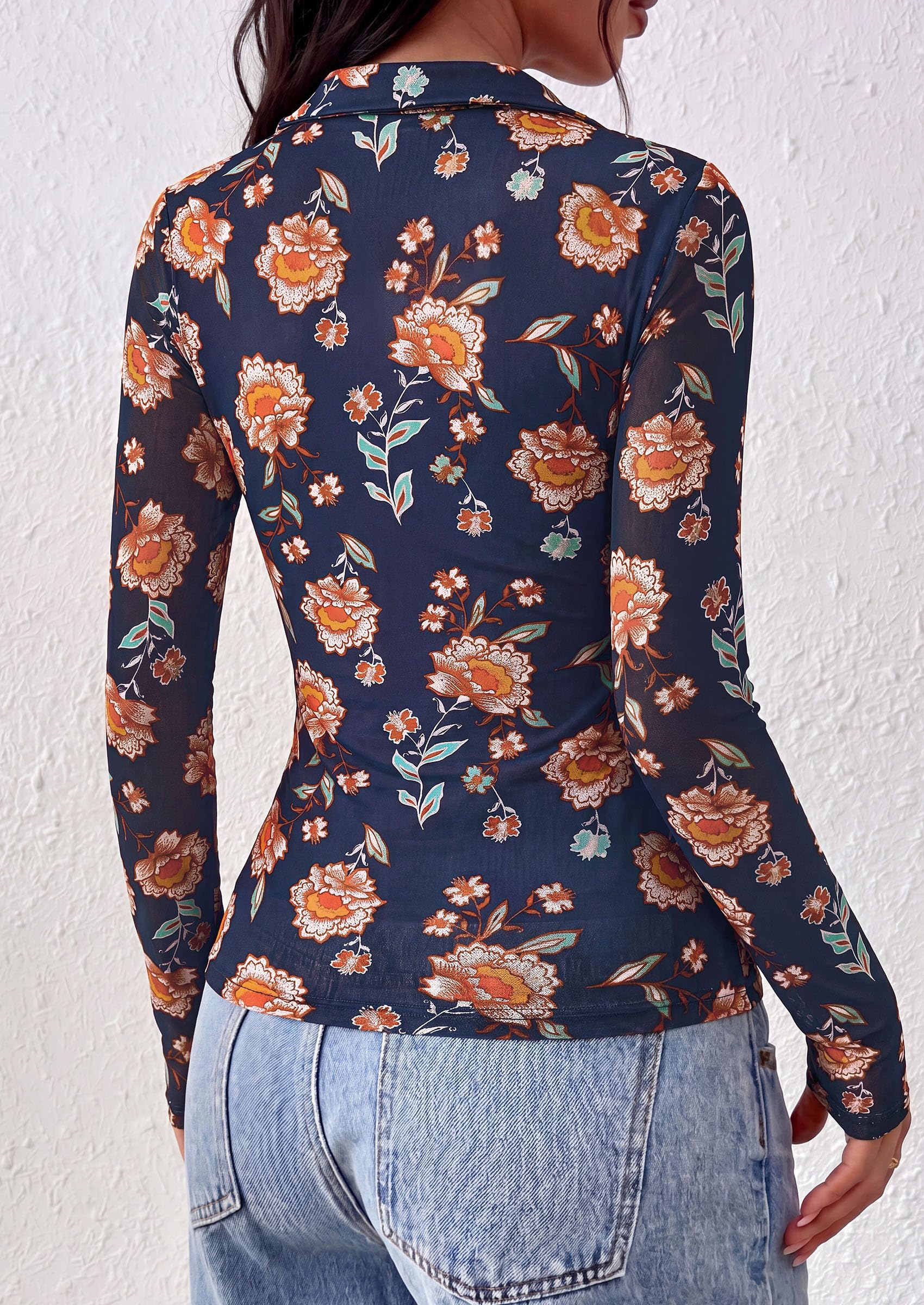 Women's Long Sleeve Boho Floral Mesh Tops Fall V Neck Blouses