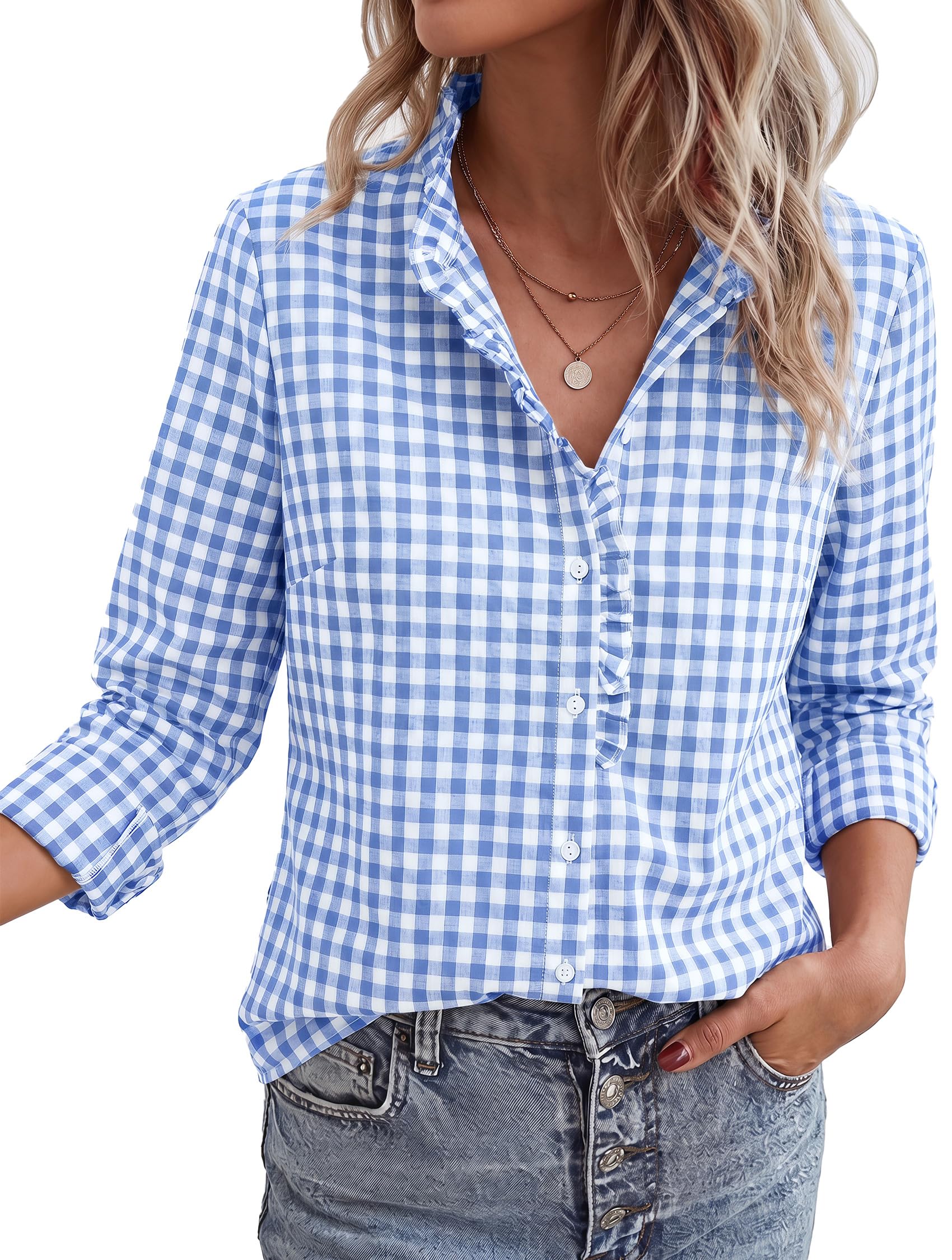 Womens Long Sleeve Button Down Shirts,Light Blue White,m